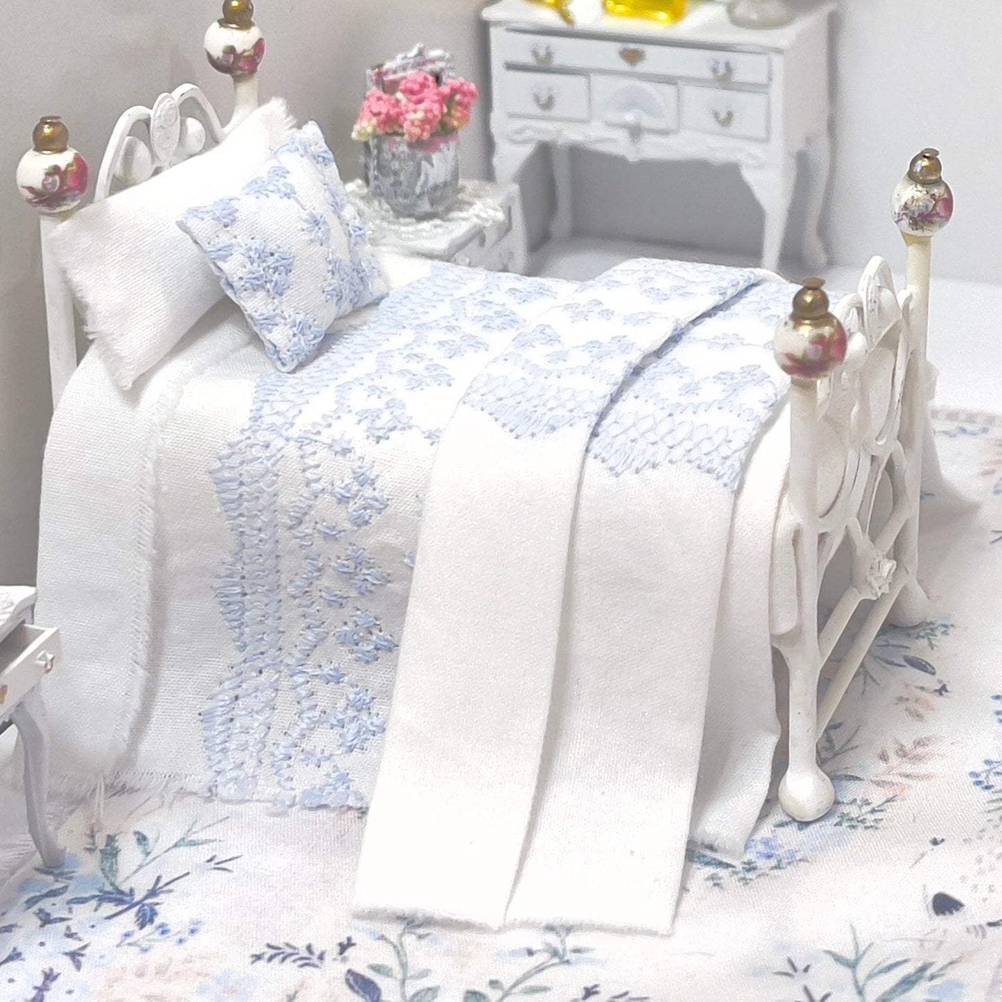 CHANTALLENA Dollhouse Accessories 1:24 Scale | Five Piece Blue Embroidered Cotton Dollhouse Bedding Set | Petite Abigail