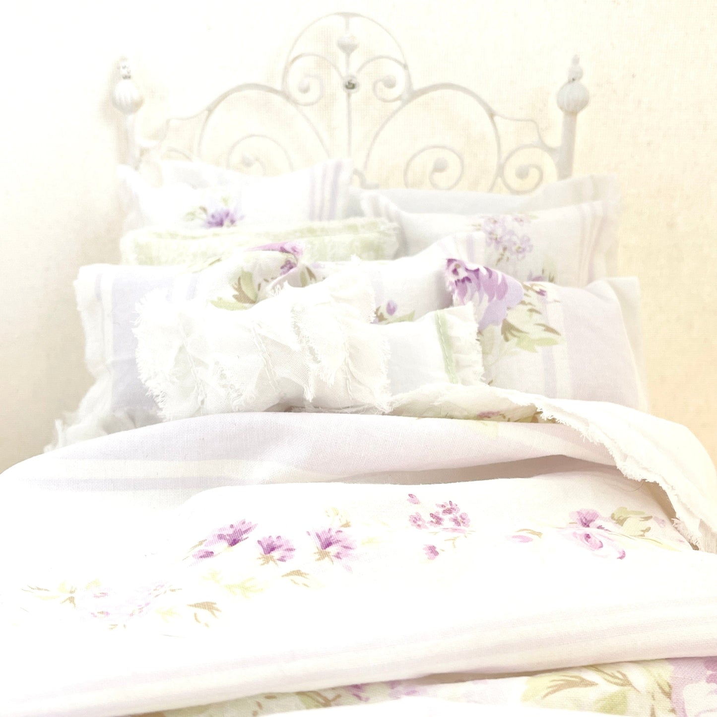 Chantallena fashion doll bedding 1:6 Scale |Lavender Roses and Stripes Cotton Bedding Set | Violet
