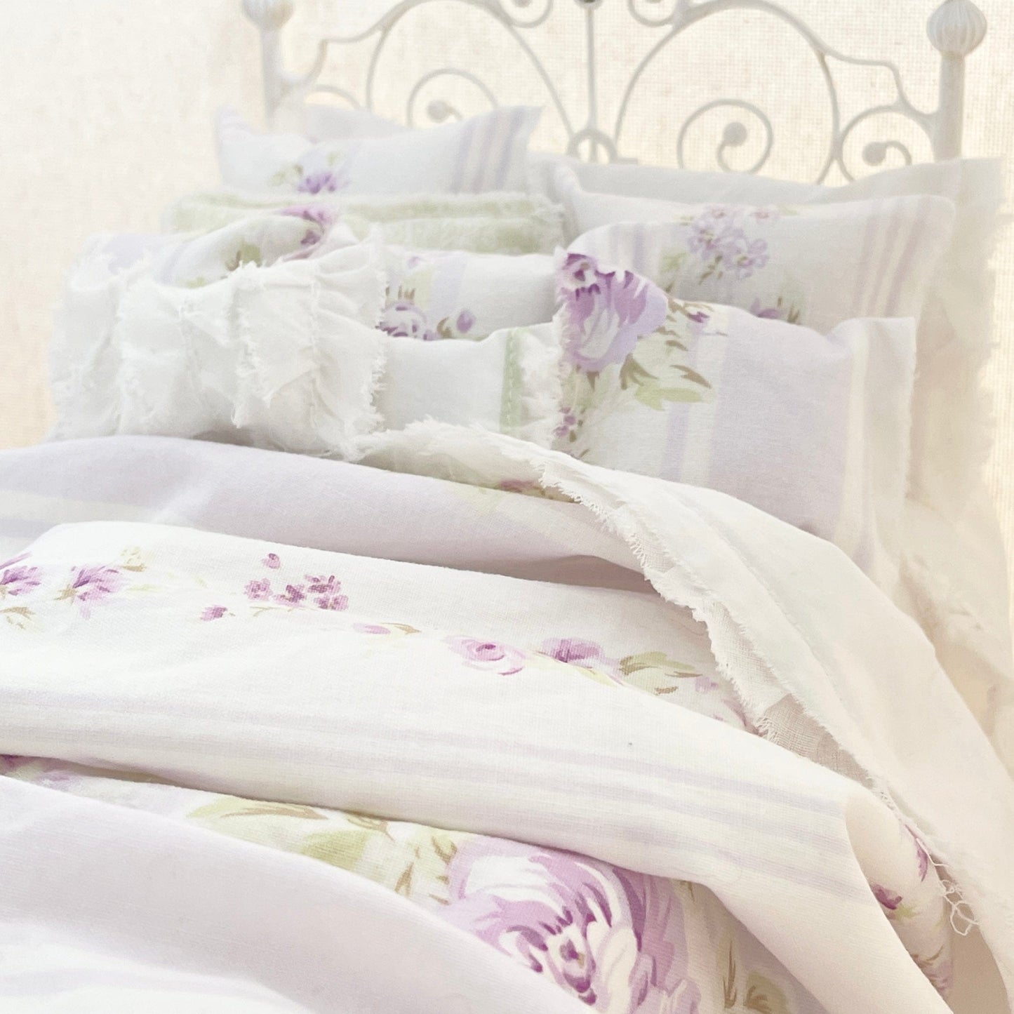 Chantallena fashion doll bedding 1:6 Scale |Lavender Roses and Stripes Cotton Bedding Set | Violet