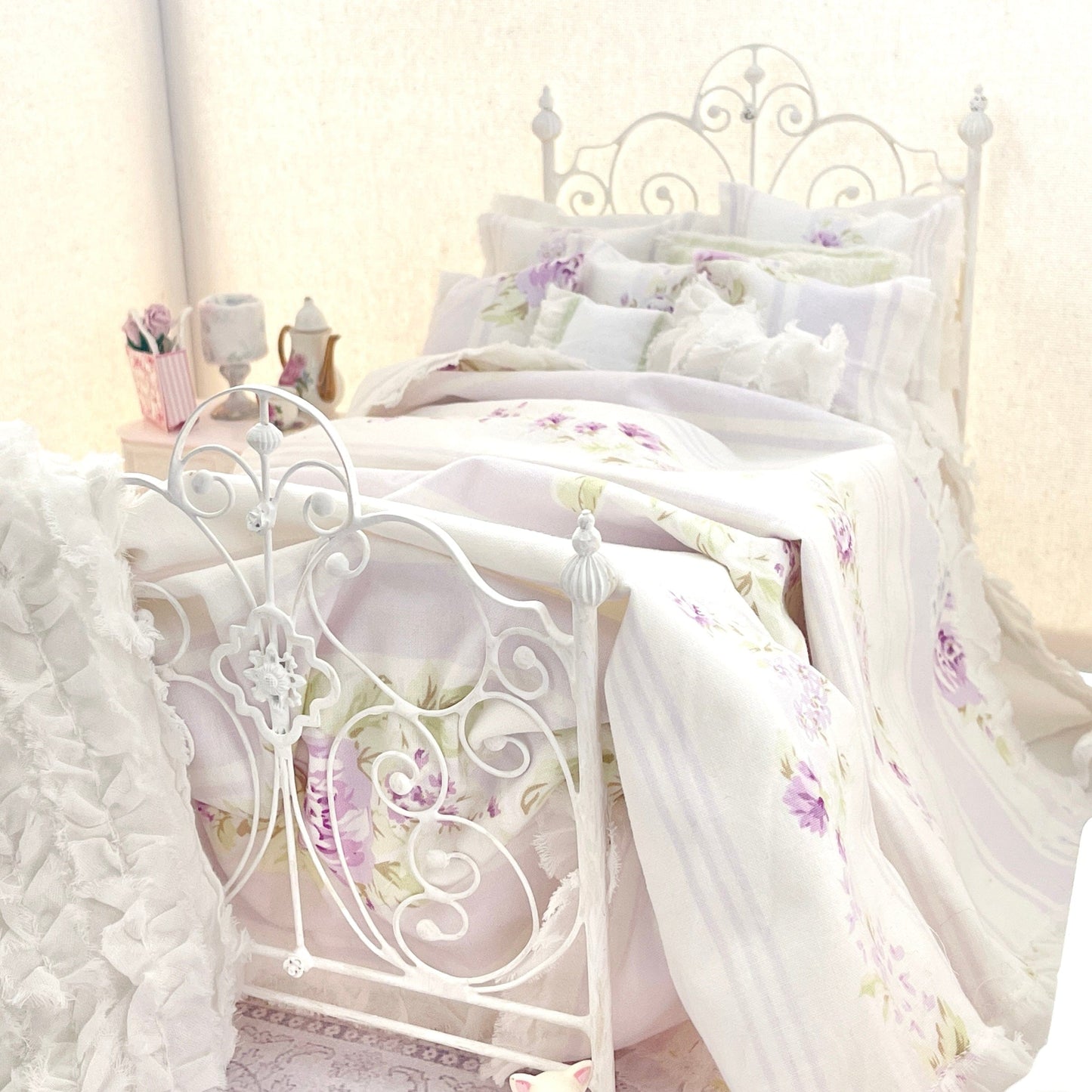Chantallena fashion doll bedding 1:6 Scale |Lavender Roses and Stripes Cotton Bedding Set | Violet