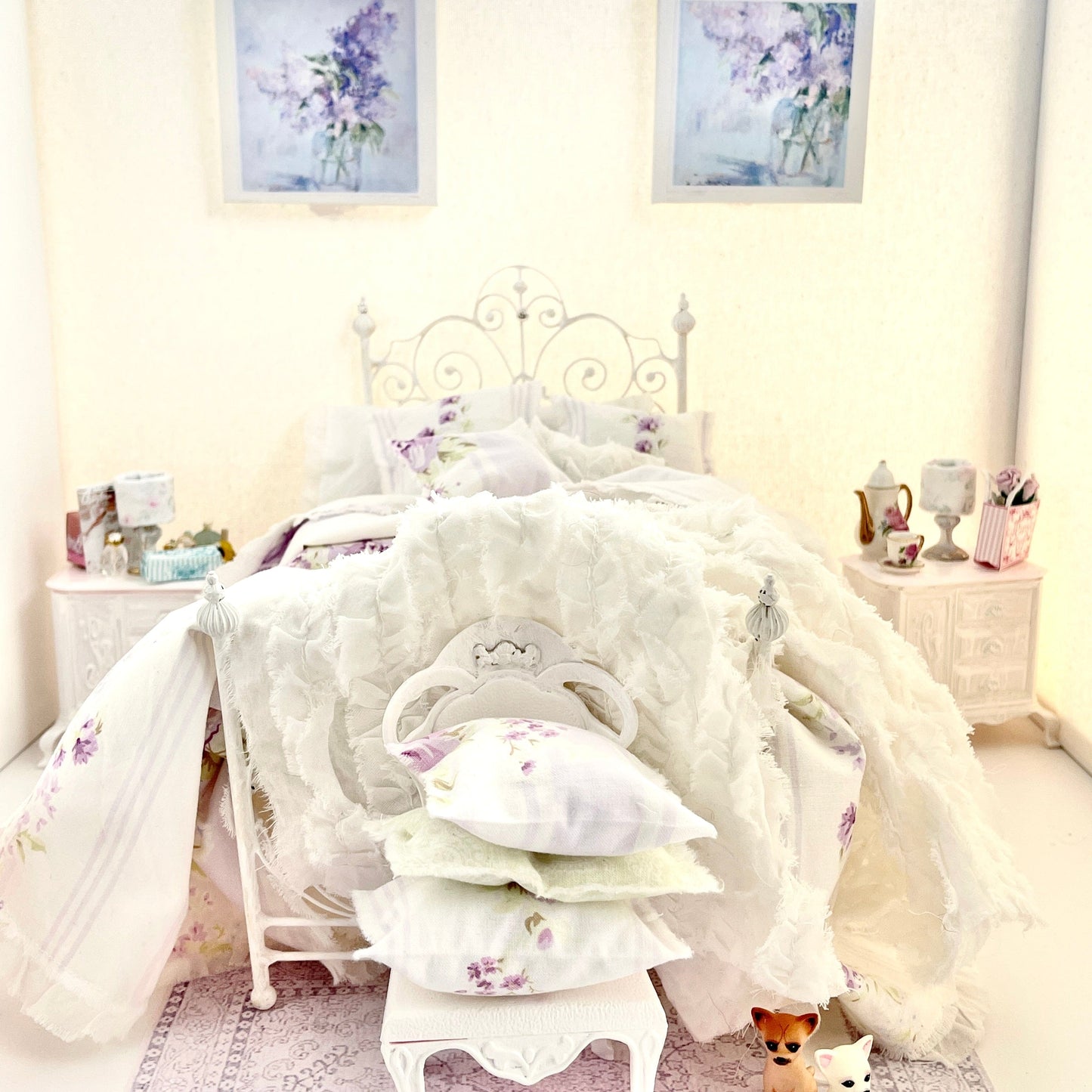 Chantallena fashion doll bedding 1:6 Scale |Lavender Roses and Stripes Cotton Bedding Set | Violet