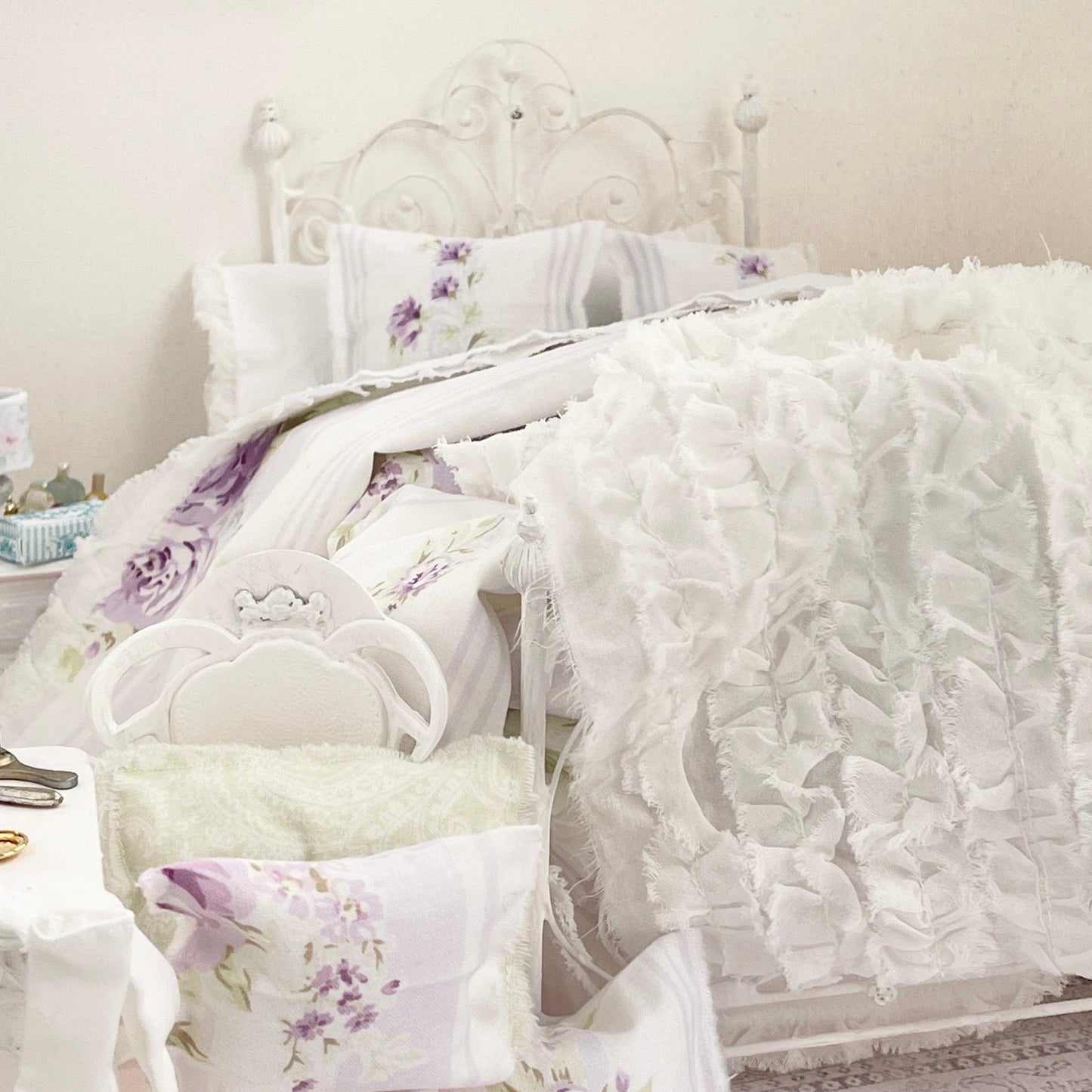 Chantallena fashion doll bedding 1:6 Scale |Lavender Roses and Stripes Cotton Bedding Set | Violet