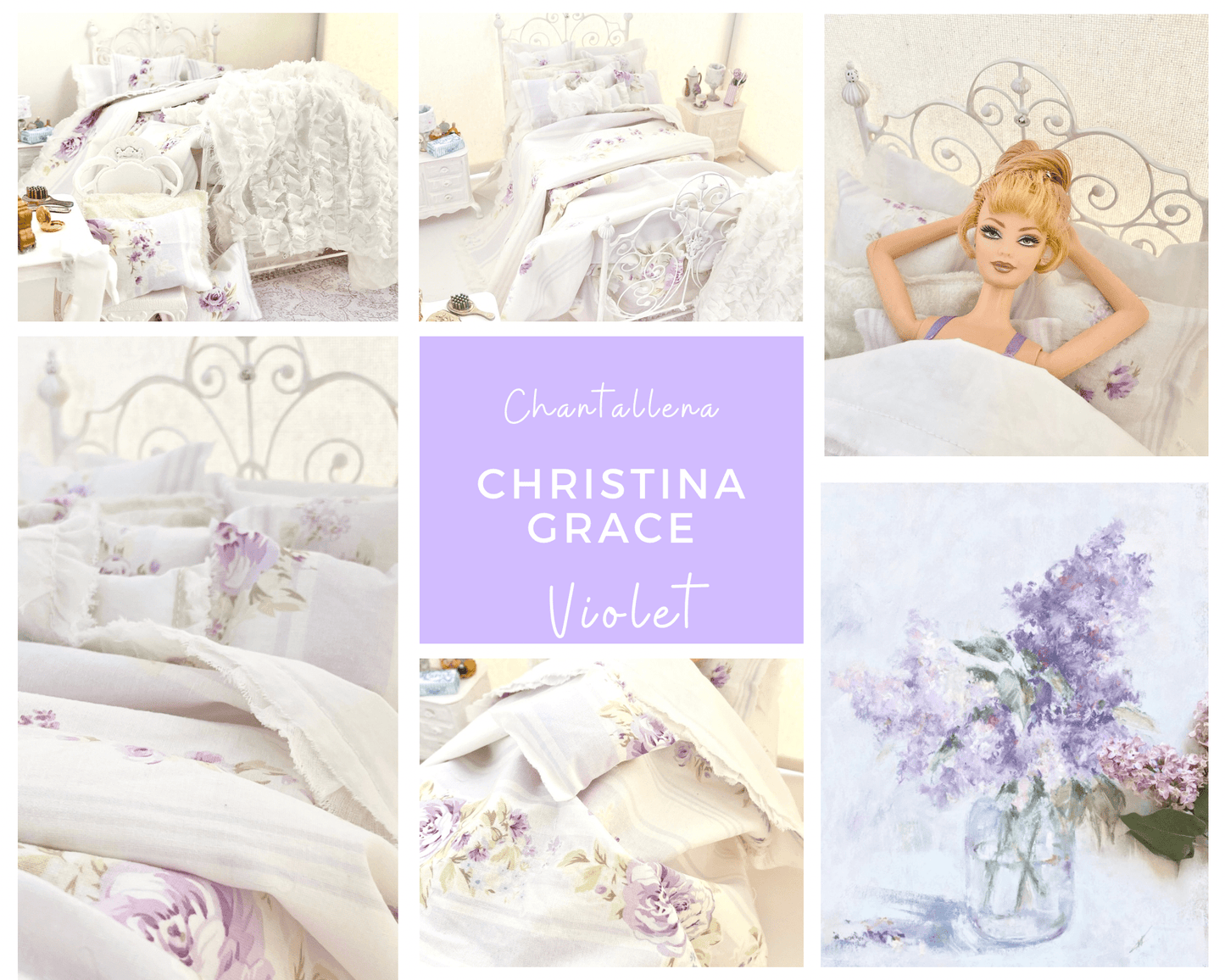 Chantallena fashion doll bedding 1:6 Scale |Lavender Roses and Stripes Cotton Bedding Set | Violet