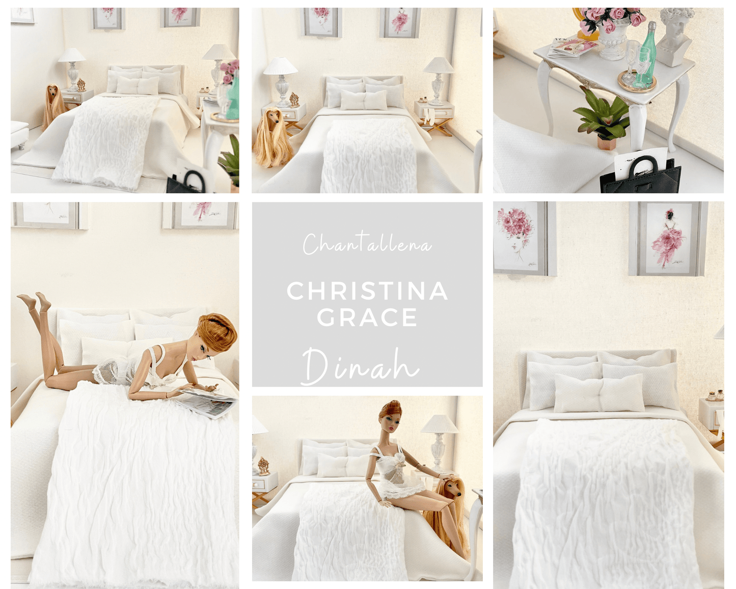 Chantallena fashion doll bedding 1:6 Scale | Modern White Lightly Textured Cotton Bedding Set | Dinah
