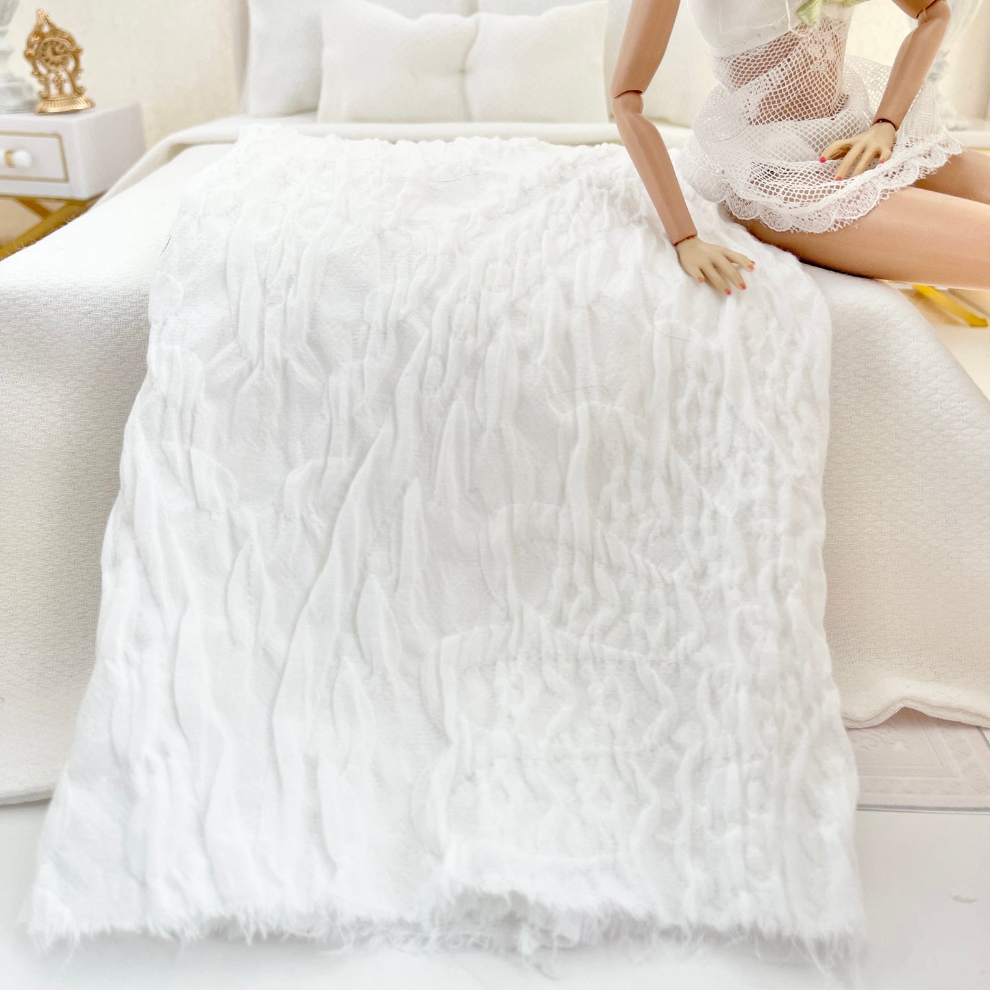 Chantallena fashion doll bedding 1:6 Scale | Modern White Lightly Textured Cotton Bedding Set | Dinah