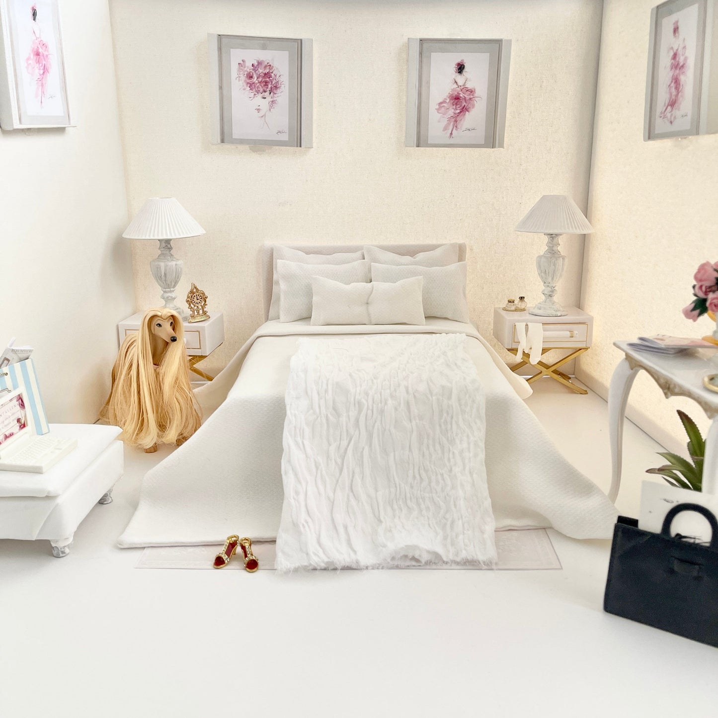 Chantallena fashion doll bedding 1:6 Scale | Modern White Lightly Textured Cotton Bedding Set | Dinah