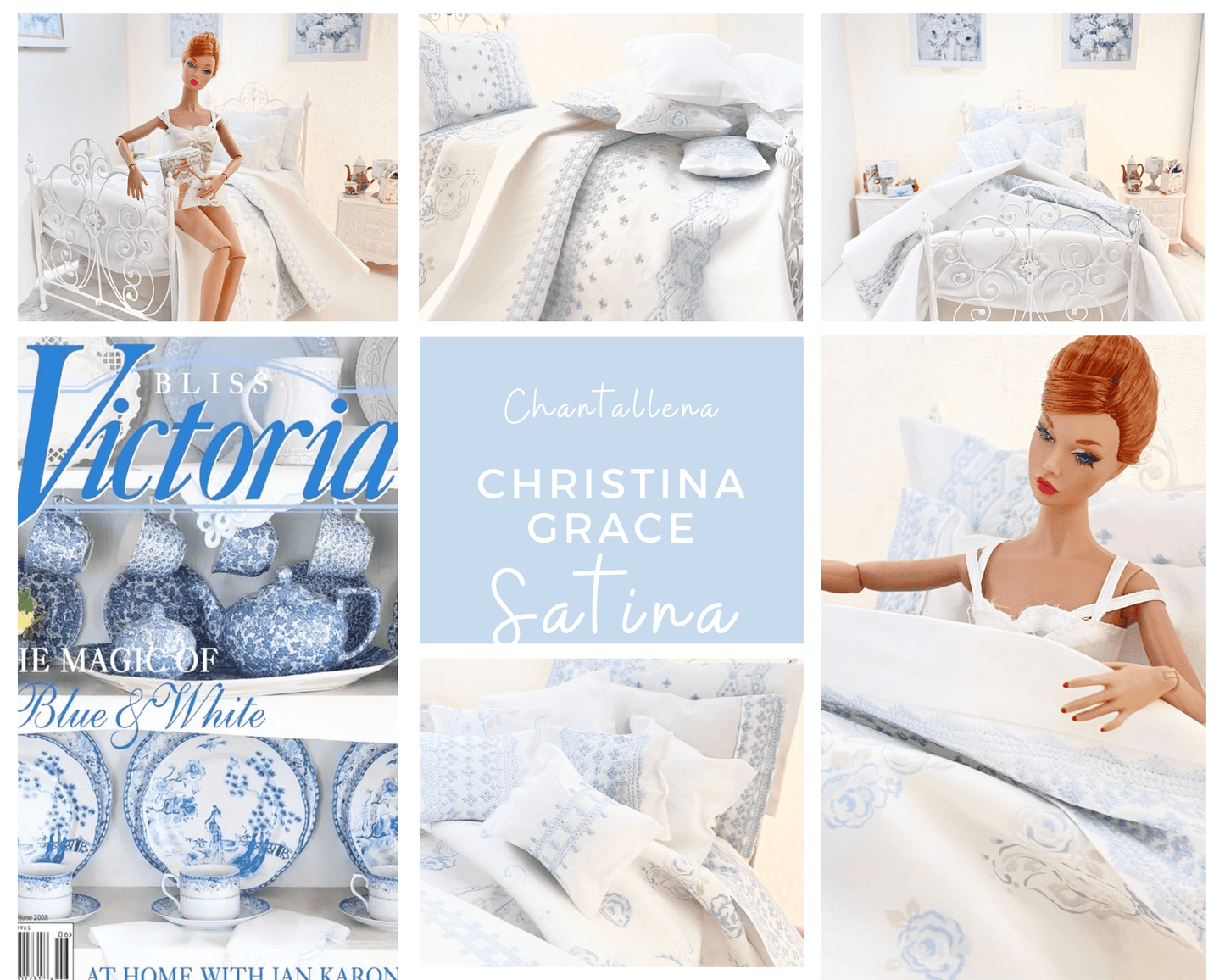 Chantallena fashion doll bedding 1:6 Scale | Pale Blue Embroidered on White Cotton Bedding Set | Satina