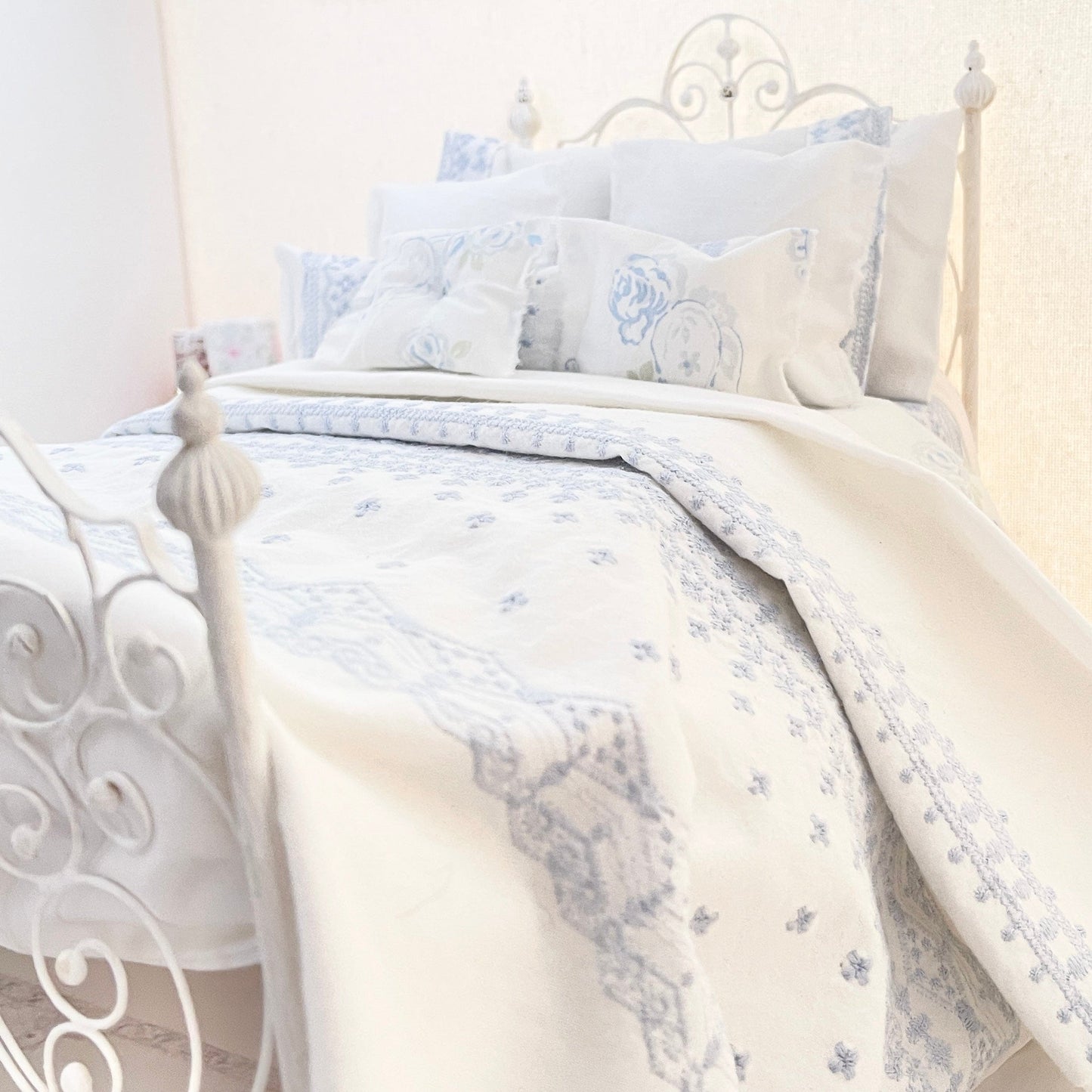 Chantallena fashion doll bedding 1:6 Scale | Pale Blue Embroidered on White Cotton Bedding Set | Satina