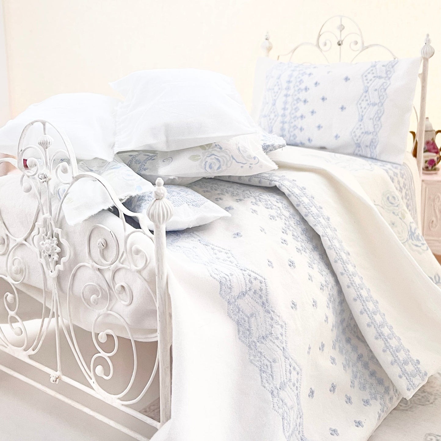 Chantallena fashion doll bedding 1:6 Scale | Pale Blue Embroidered on White Cotton Bedding Set | Satina