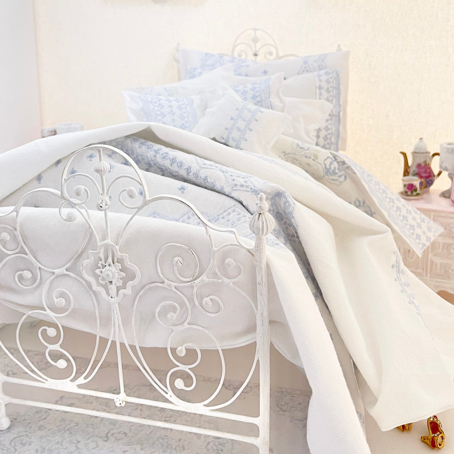 Chantallena fashion doll bedding 1:6 Scale | Pale Blue Embroidered on White Cotton Bedding Set | Satina