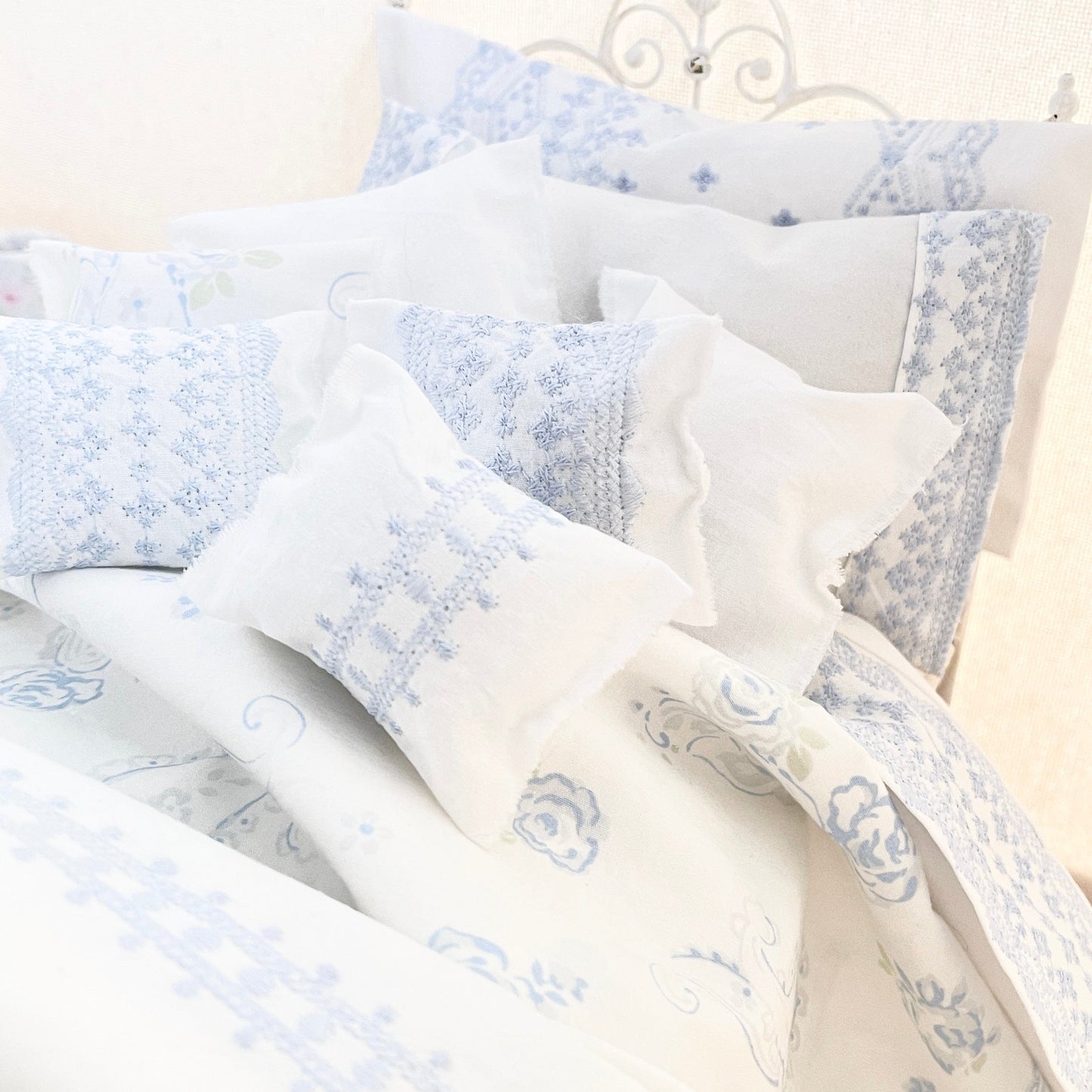 Chantallena fashion doll bedding 1:6 Scale | Pale Blue Embroidered on White Cotton Bedding Set | Satina