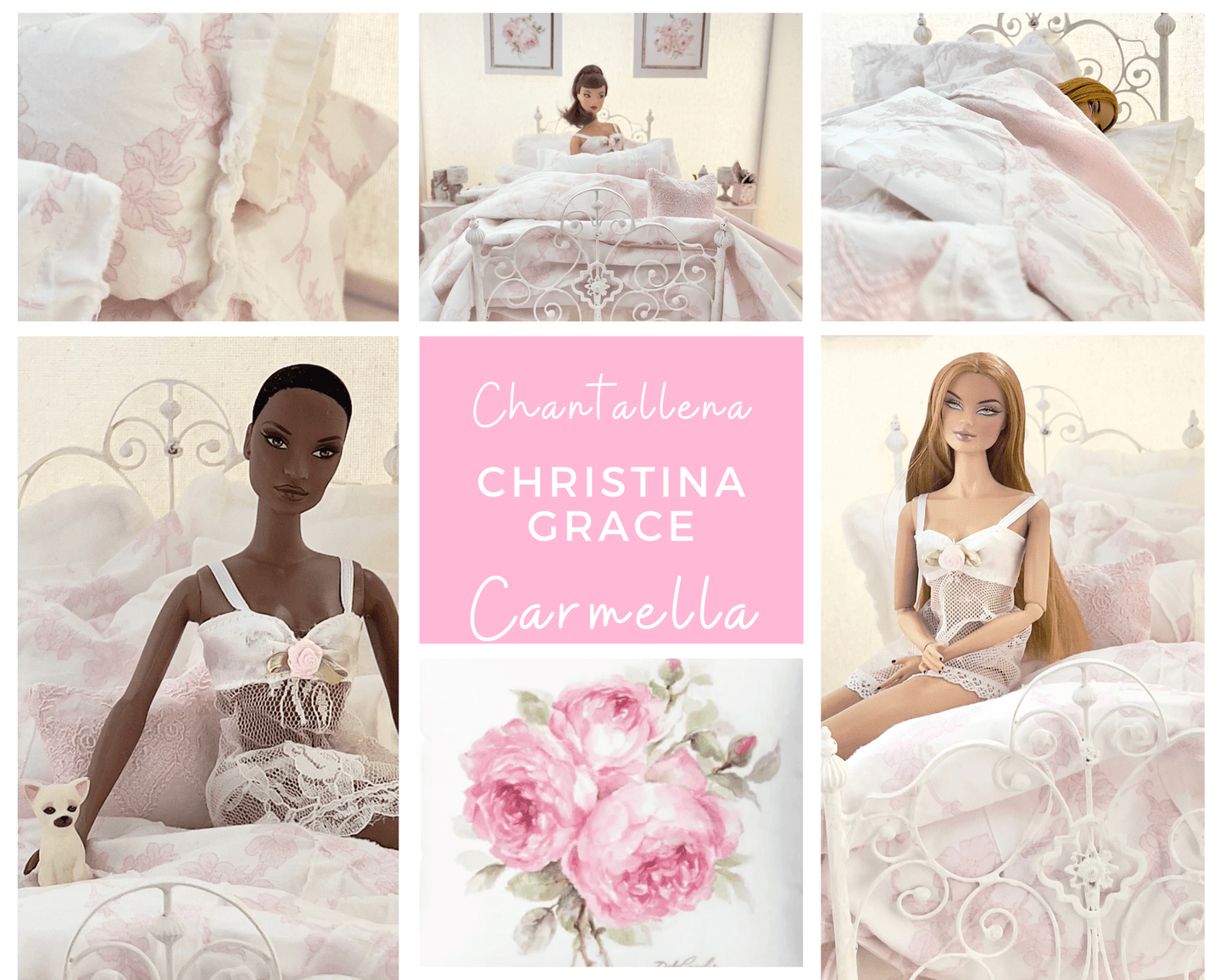 Chantallena fashion doll bedding 1:6 Scale | Pink Climbing Floral Vines Cotton Bedding Set | Carmella