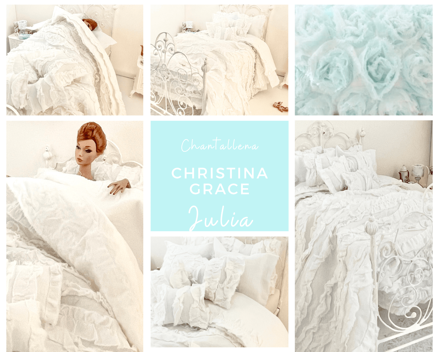 Chantallena fashion doll bedding 1:6 Scale |White Distressed Ruffled Cotton Bedding Set | Julia