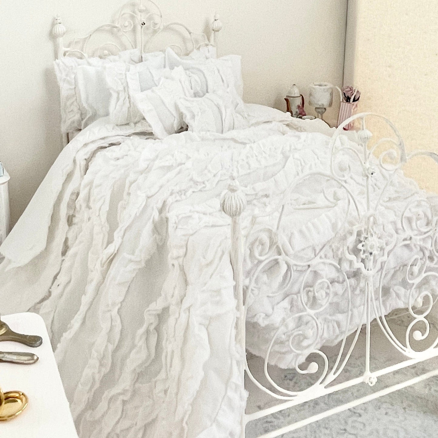 Chantallena fashion doll bedding 1:6 Scale |White Distressed Ruffled Cotton Bedding Set | Julia