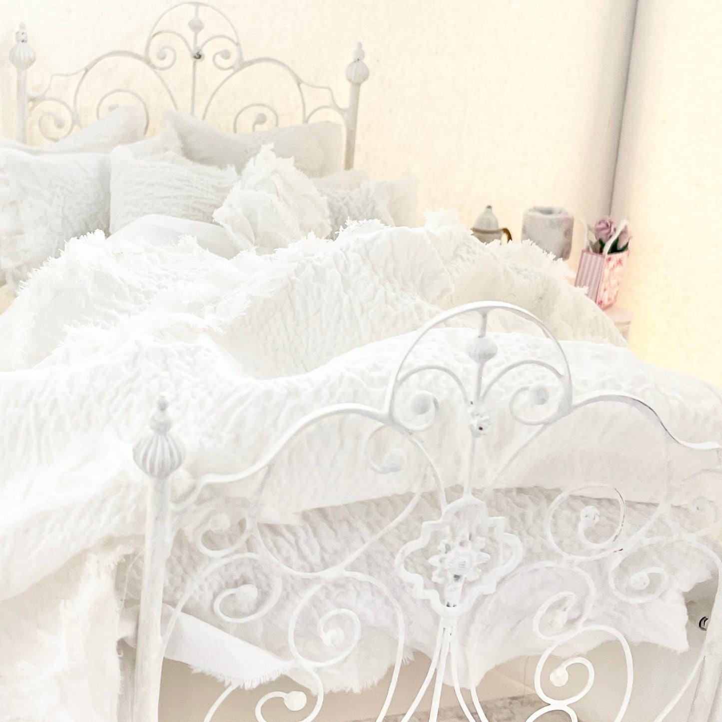Chantallena fashion doll bedding 1:6 Scale |White Textured Cotton with Ruffled Ribbon Accent Bedding Set | Irene