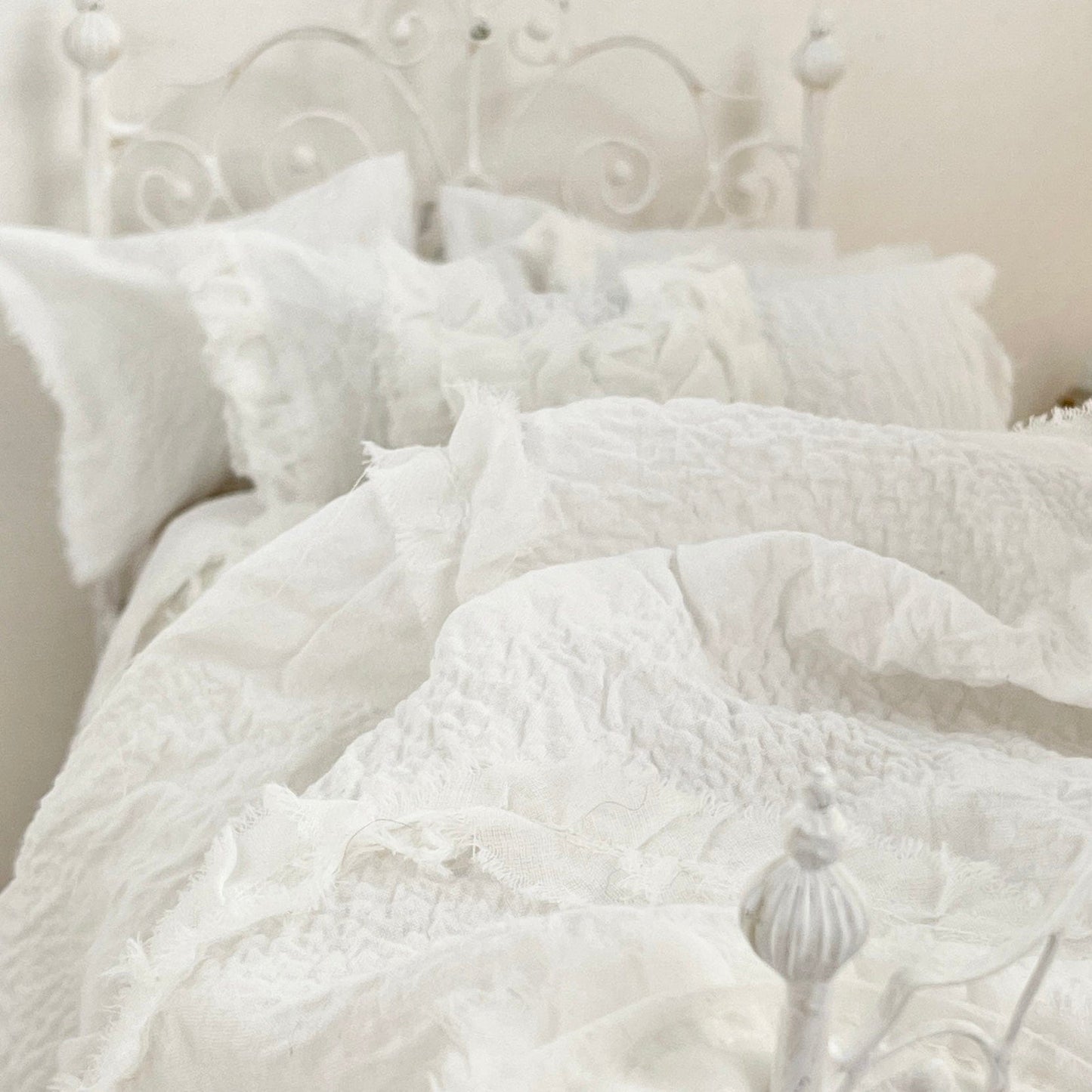 Chantallena fashion doll bedding 1:6 Scale |White Textured Cotton with Ruffled Ribbon Accent Bedding Set | Irene