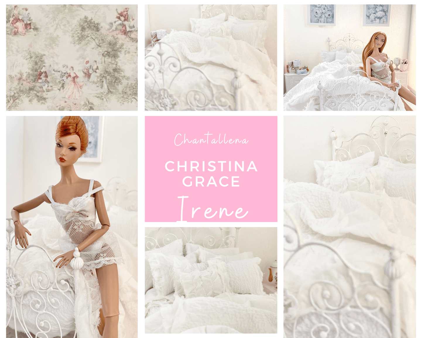 Chantallena fashion doll bedding 1:6 Scale |White Textured Cotton with Ruffled Ribbon Accent Bedding Set | Irene