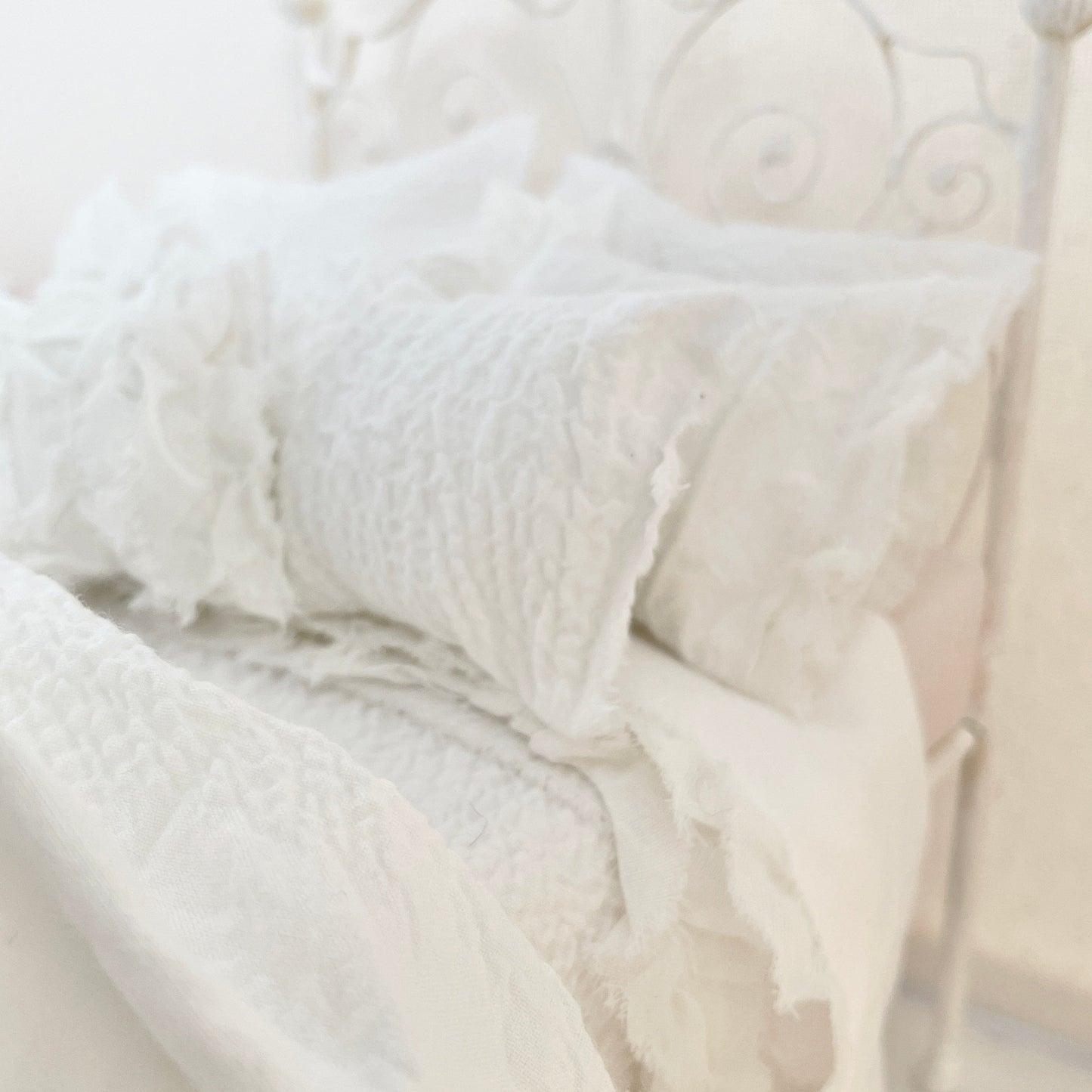 Chantallena fashion doll bedding 1:6 Scale |White Textured Cotton with Ruffled Ribbon Accent Bedding Set | Irene