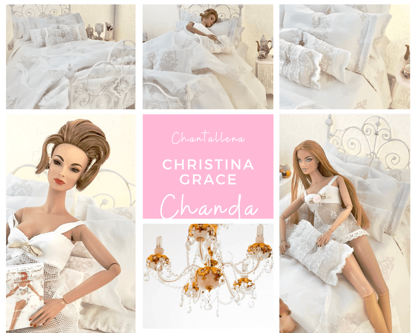 Chantallena fashion doll bedding 1:6 Scale | White with Pink Chandelier Motif Cotton Bedding Set | Chanda