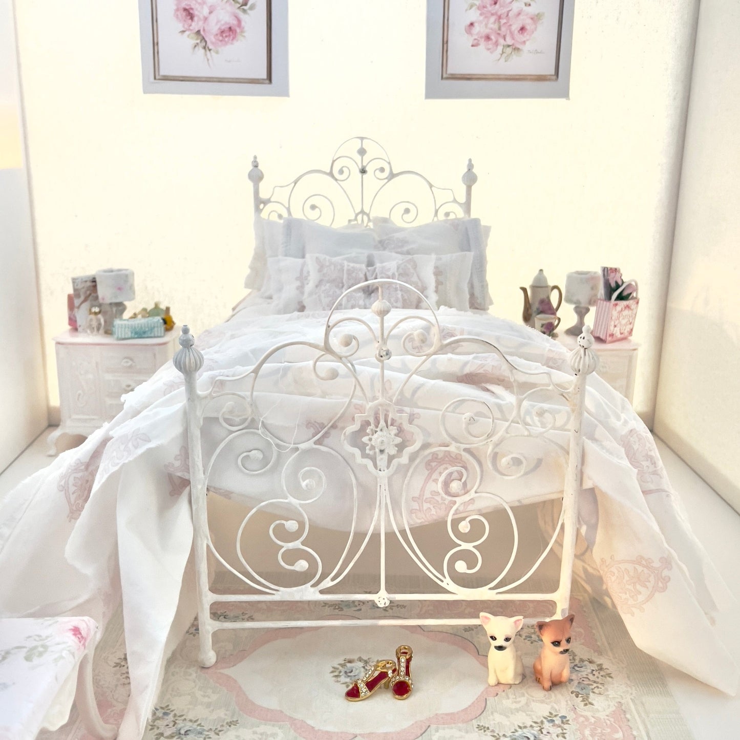 Chantallena fashion doll bedding 1:6 Scale | White with Pink Chandelier Motif Cotton Bedding Set | Chanda
