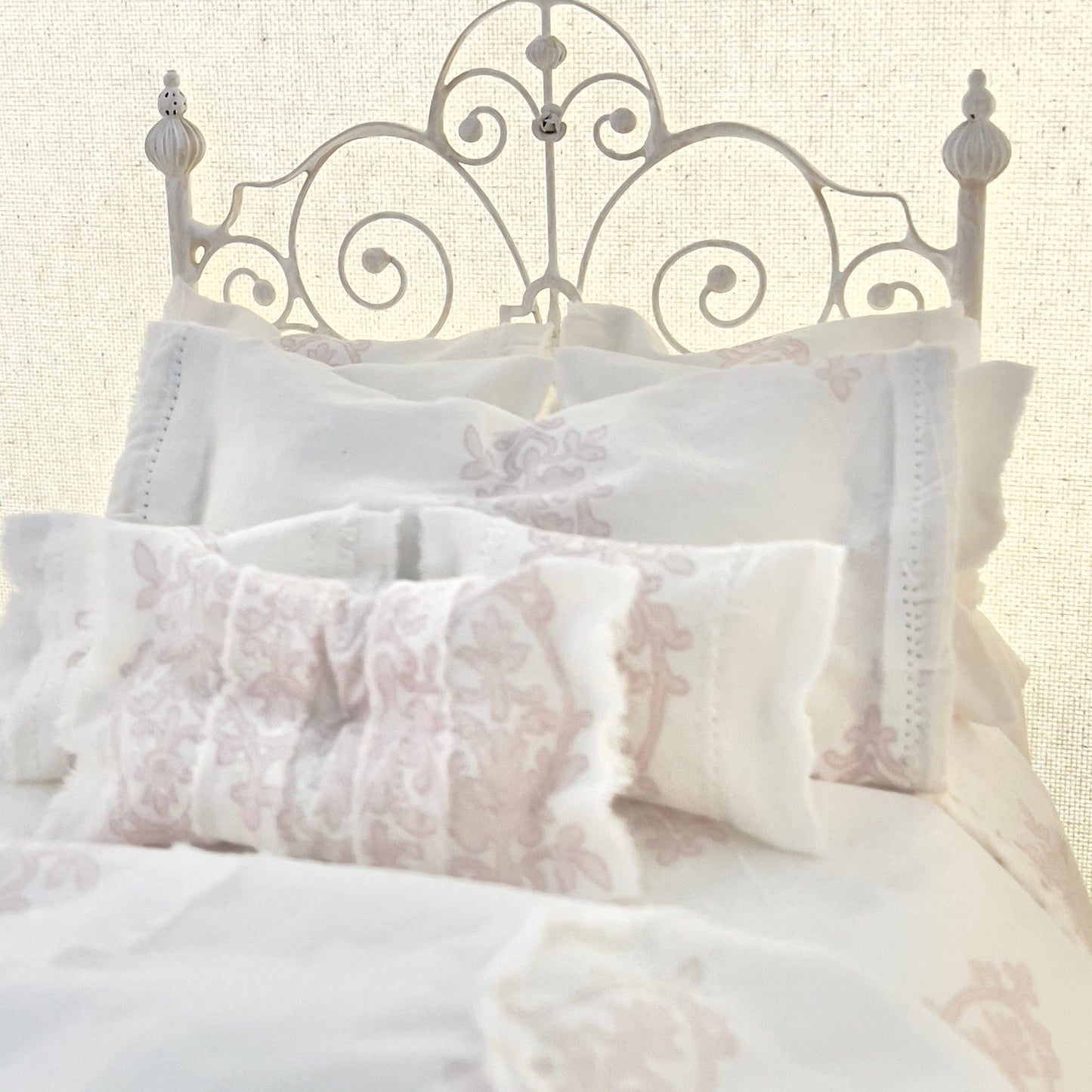 Chantallena fashion doll bedding 1:6 Scale | White with Pink Chandelier Motif Cotton Bedding Set | Chanda