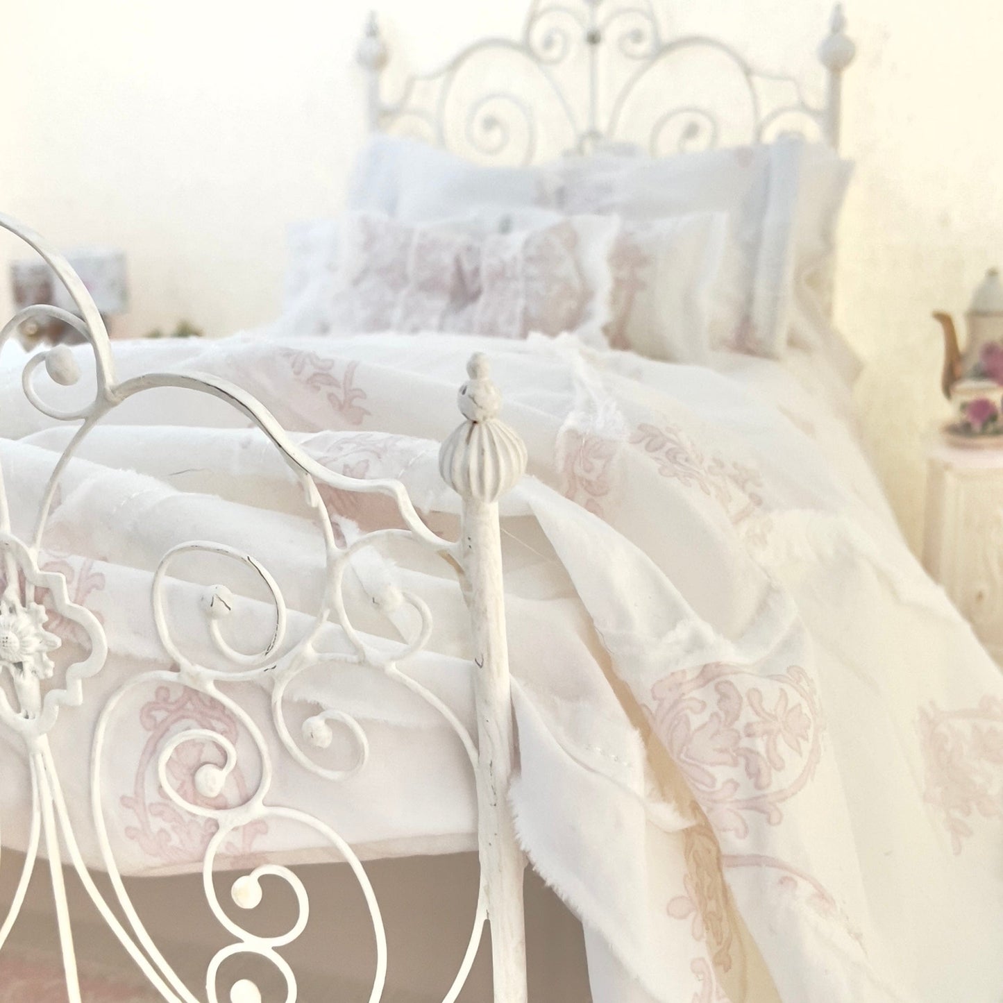 Chantallena fashion doll bedding 1:6 Scale | White with Pink Chandelier Motif Cotton Bedding Set | Chanda