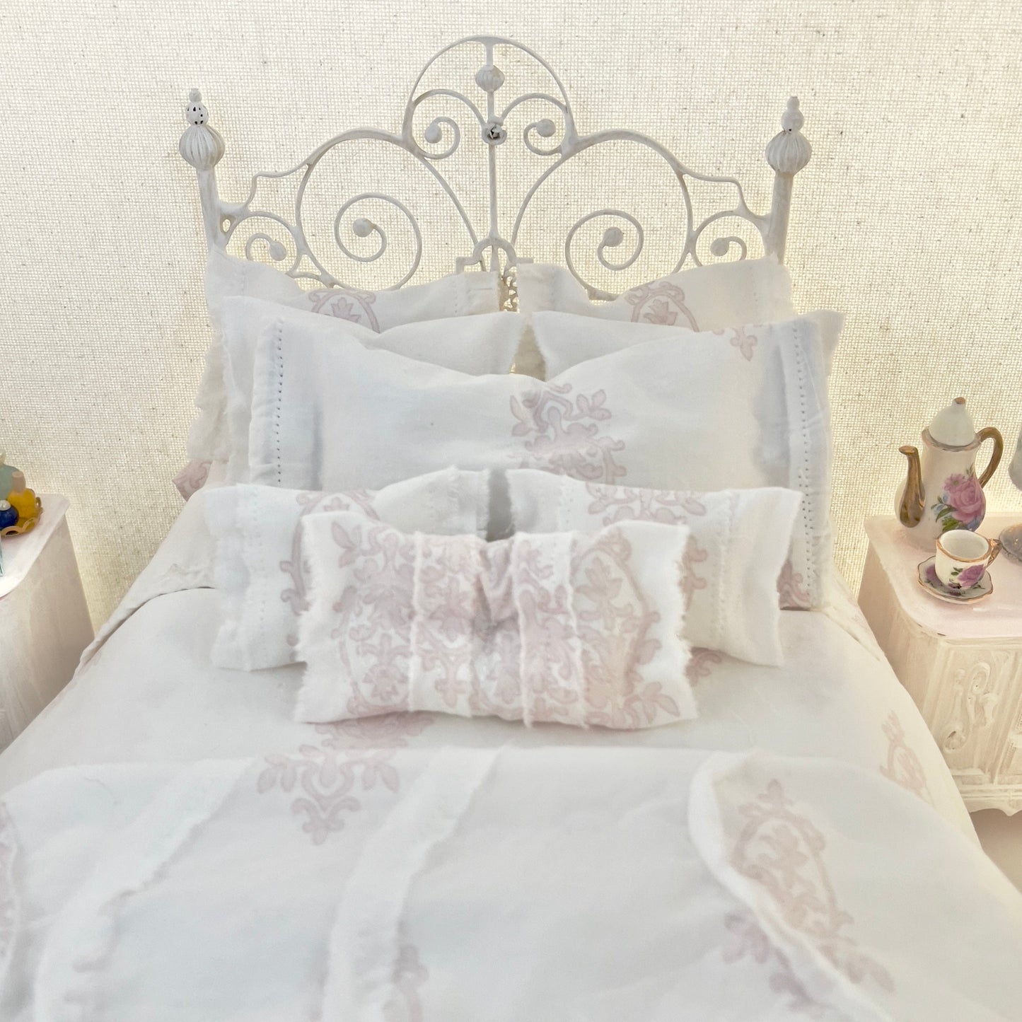 Chantallena fashion doll bedding 1:6 Scale | White with Pink Chandelier Motif Cotton Bedding Set | Chanda