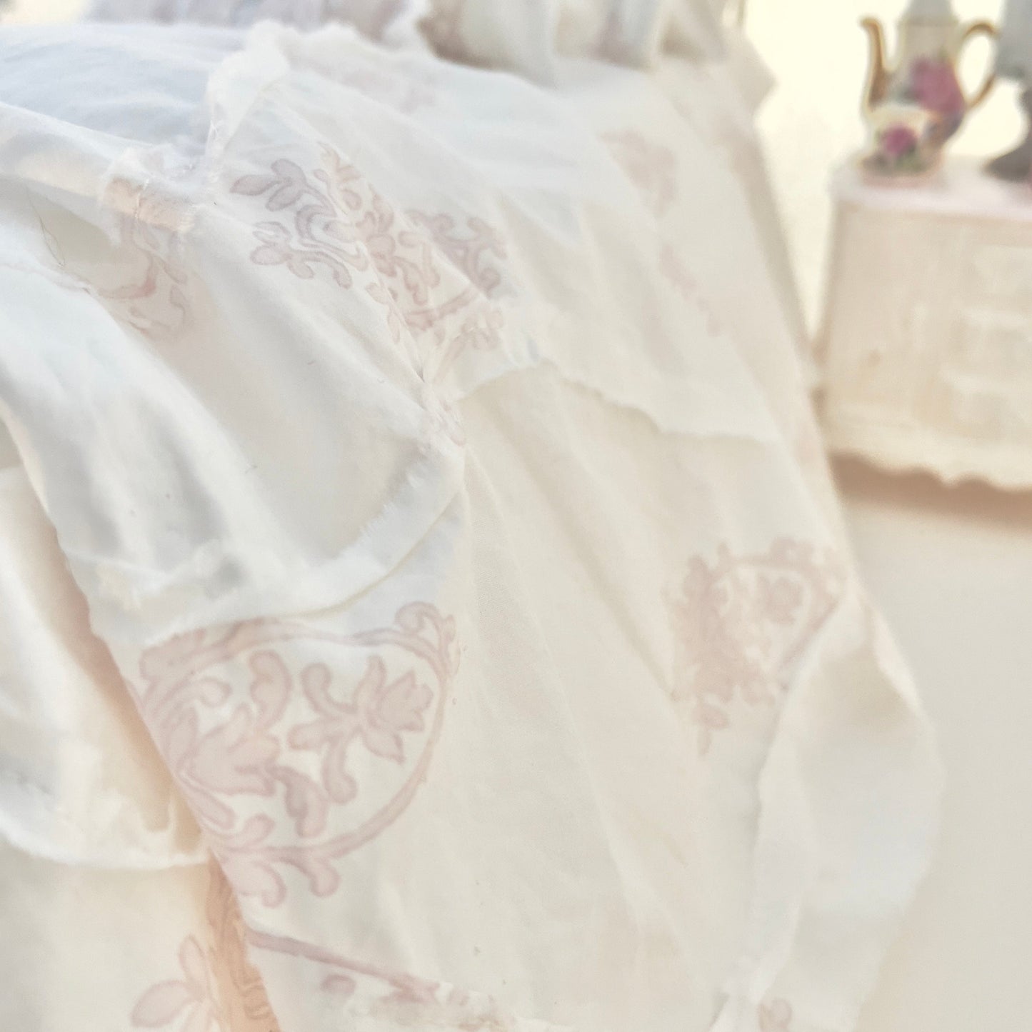 Chantallena fashion doll bedding 1:6 Scale | White with Pink Chandelier Motif Cotton Bedding Set | Chanda