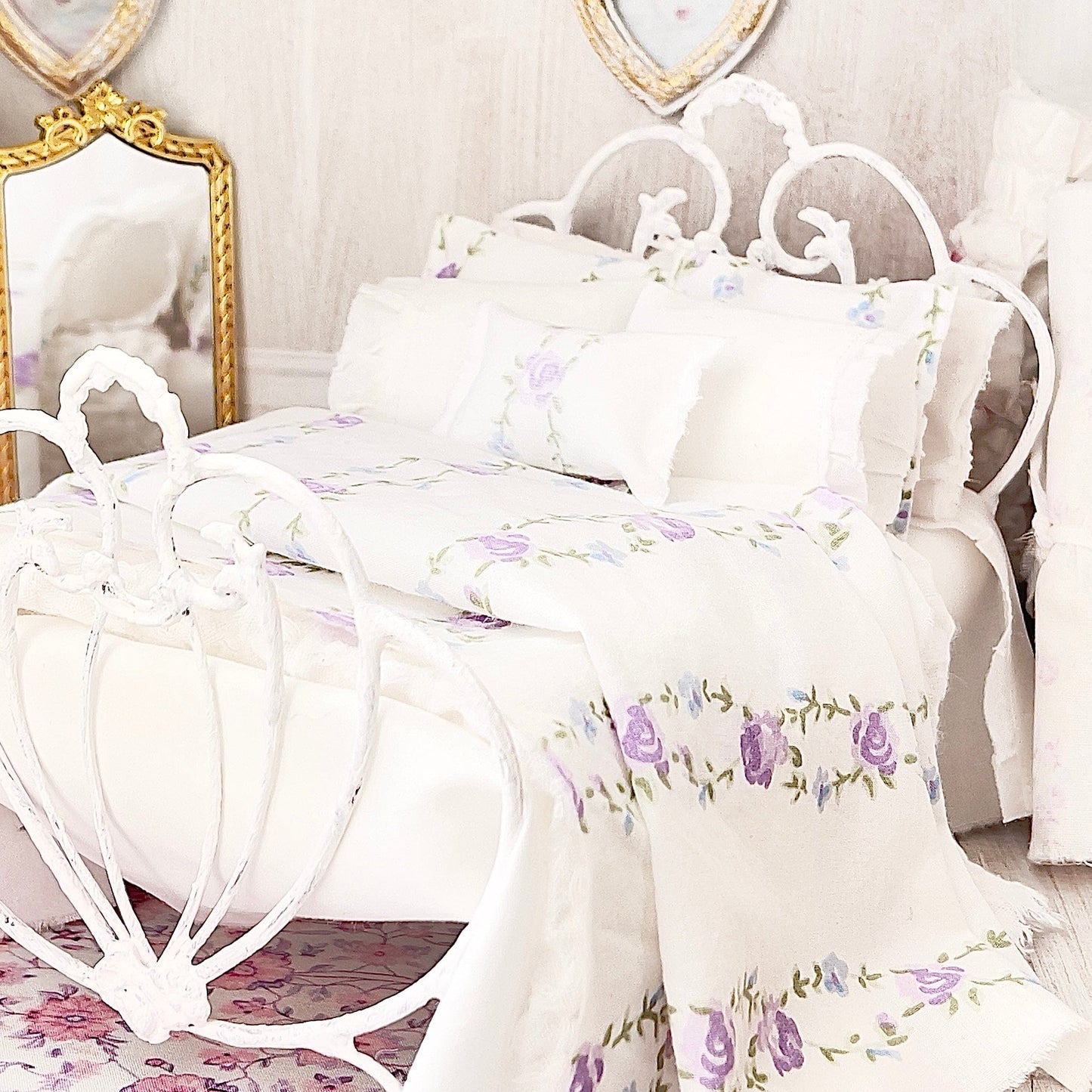 Chantallena Forever in bloom bedding sets 1:12 Scale Dollhouse Bedding Set- Mabel Forever in Bloom Lavender Rose Trellis | Chantallena