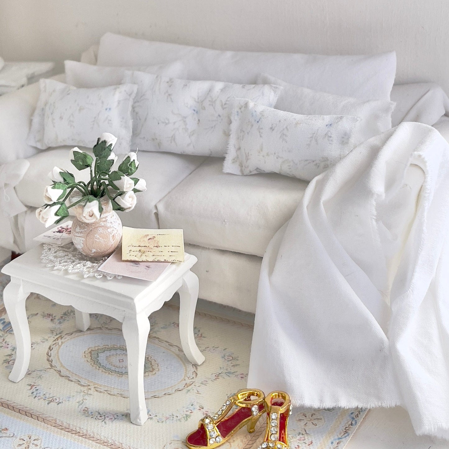 CHANTALLENA Pillow Set | Shabby Blue Petite Wildflowers and Throw- 1:12 scale | Shabby 7