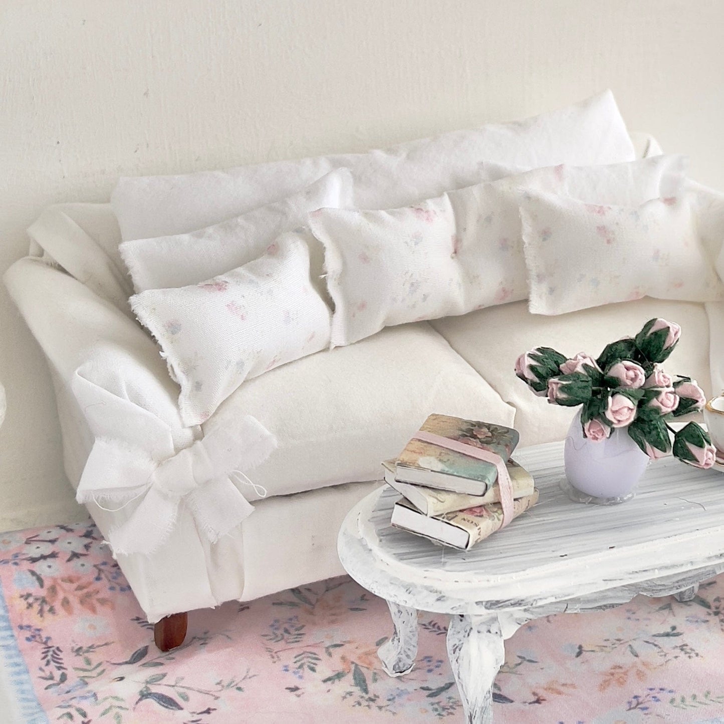 CHANTALLENA Pillow Set | Shabby Petite Pink and Blue Florals with Throw- 1:12 scale | Shabby 8