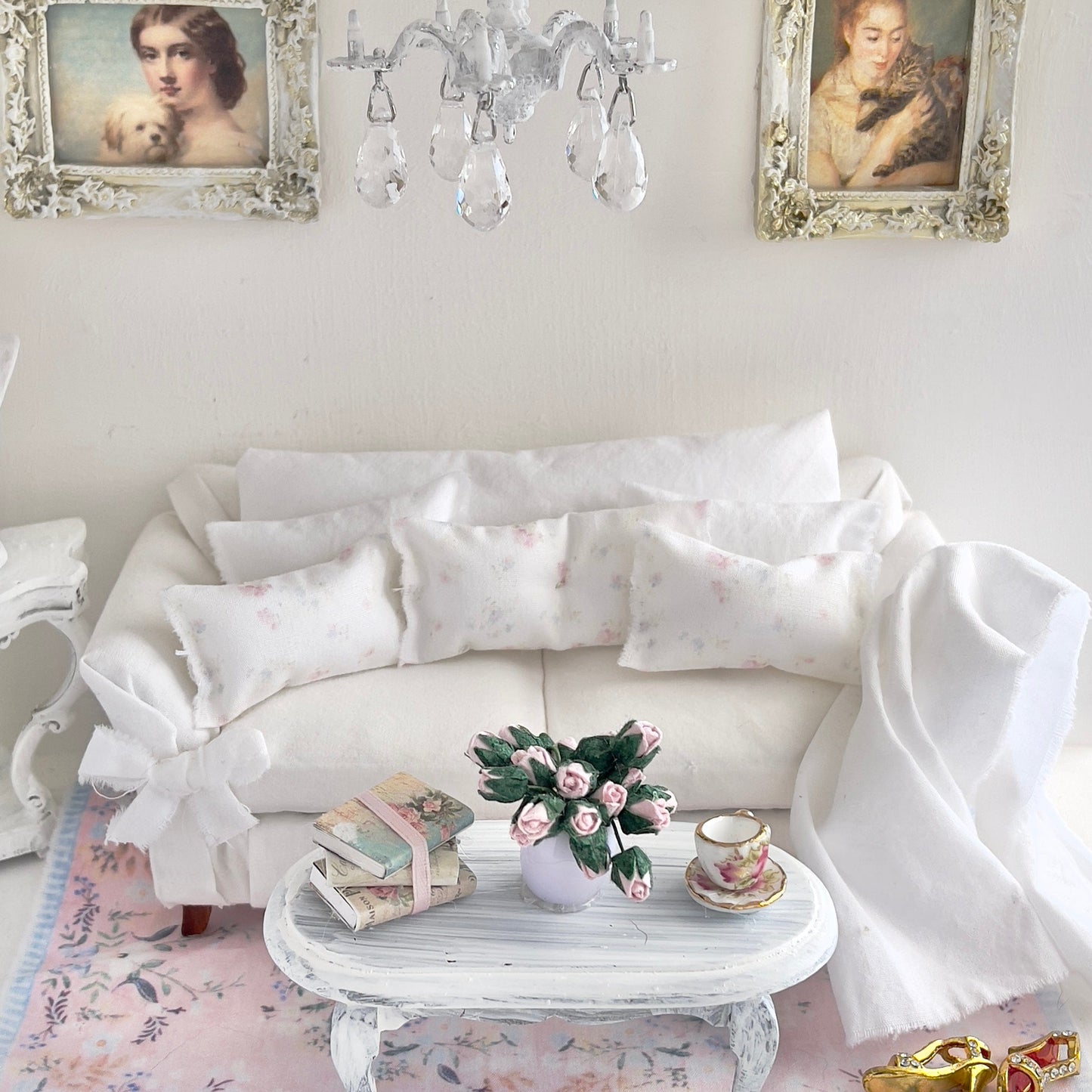 CHANTALLENA Pillow Set | Shabby Petite Pink and Blue Florals with Throw- 1:12 scale | Shabby 8