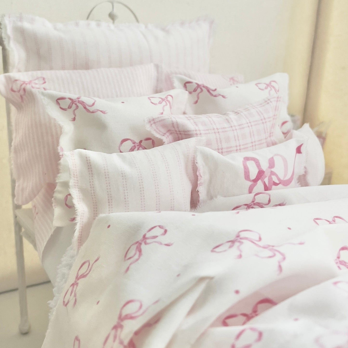 Chantallena pink ruffles 1:6 Scale | Pink Bows with Stripes Cotton Bedding Set | Ruthie