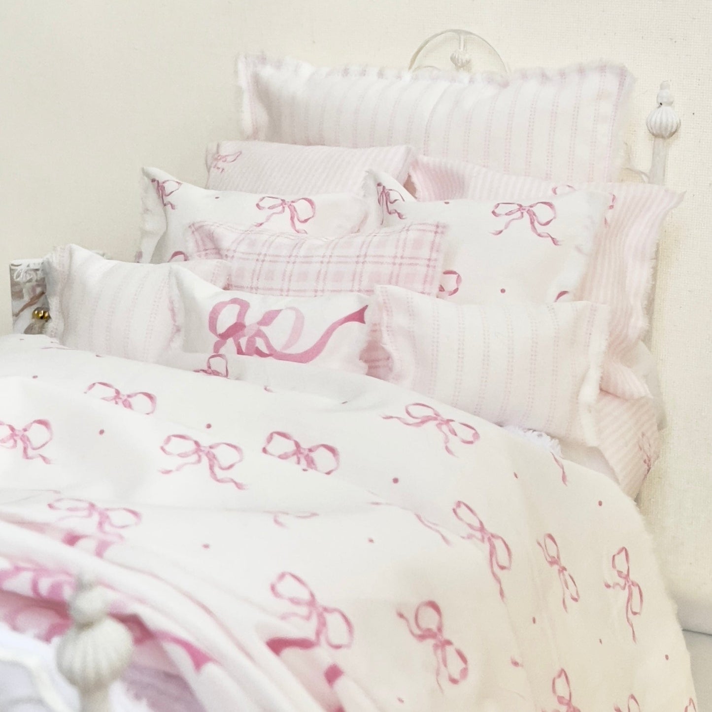 Chantallena pink ruffles 1:6 Scale | Pink Bows with Stripes Cotton Bedding Set | Ruthie