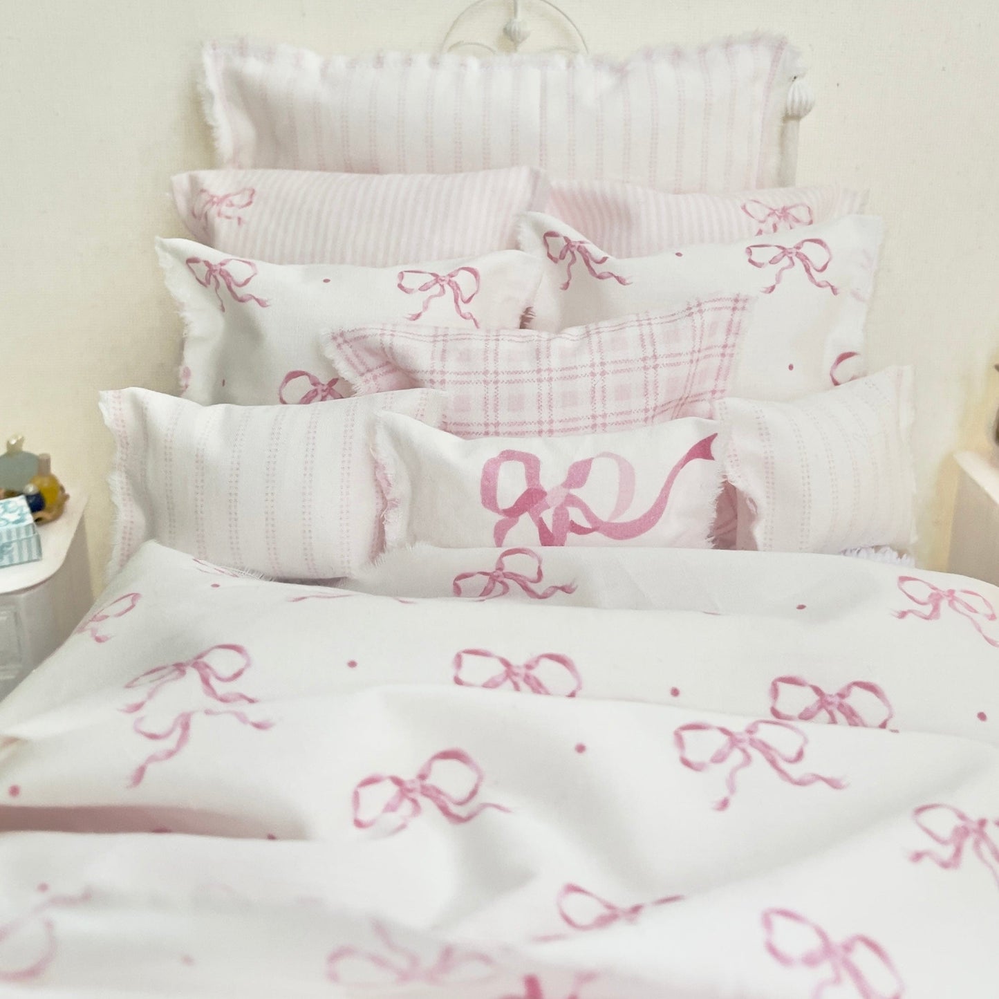 Chantallena pink ruffles 1:6 Scale | Pink Bows with Stripes Cotton Bedding Set | Ruthie