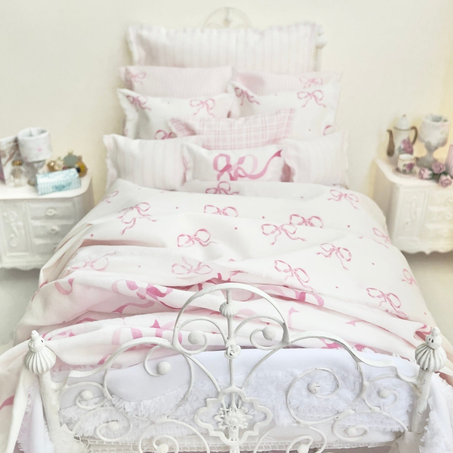 Chantallena pink ruffles 1:6 Scale | Pink Bows with Stripes Cotton Bedding Set | Ruthie