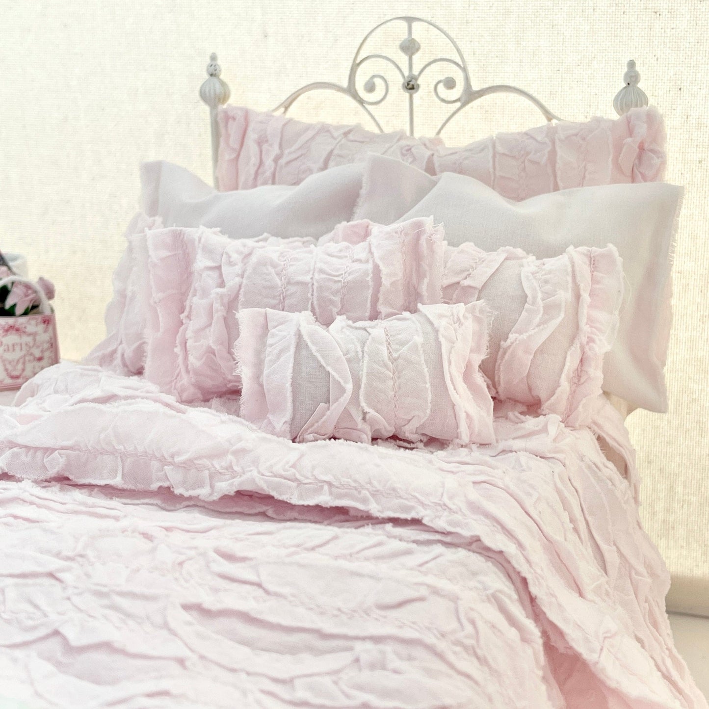 Chantallena pink ruffles 1:6 Scale | Pink Cotton Lawn Distressed Ruffles Bedding Set | Kate