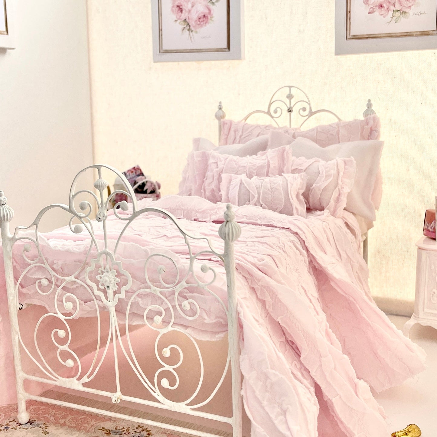 Chantallena pink ruffles 1:6 Scale | Pink Cotton Lawn Distressed Ruffles Bedding Set | Kate