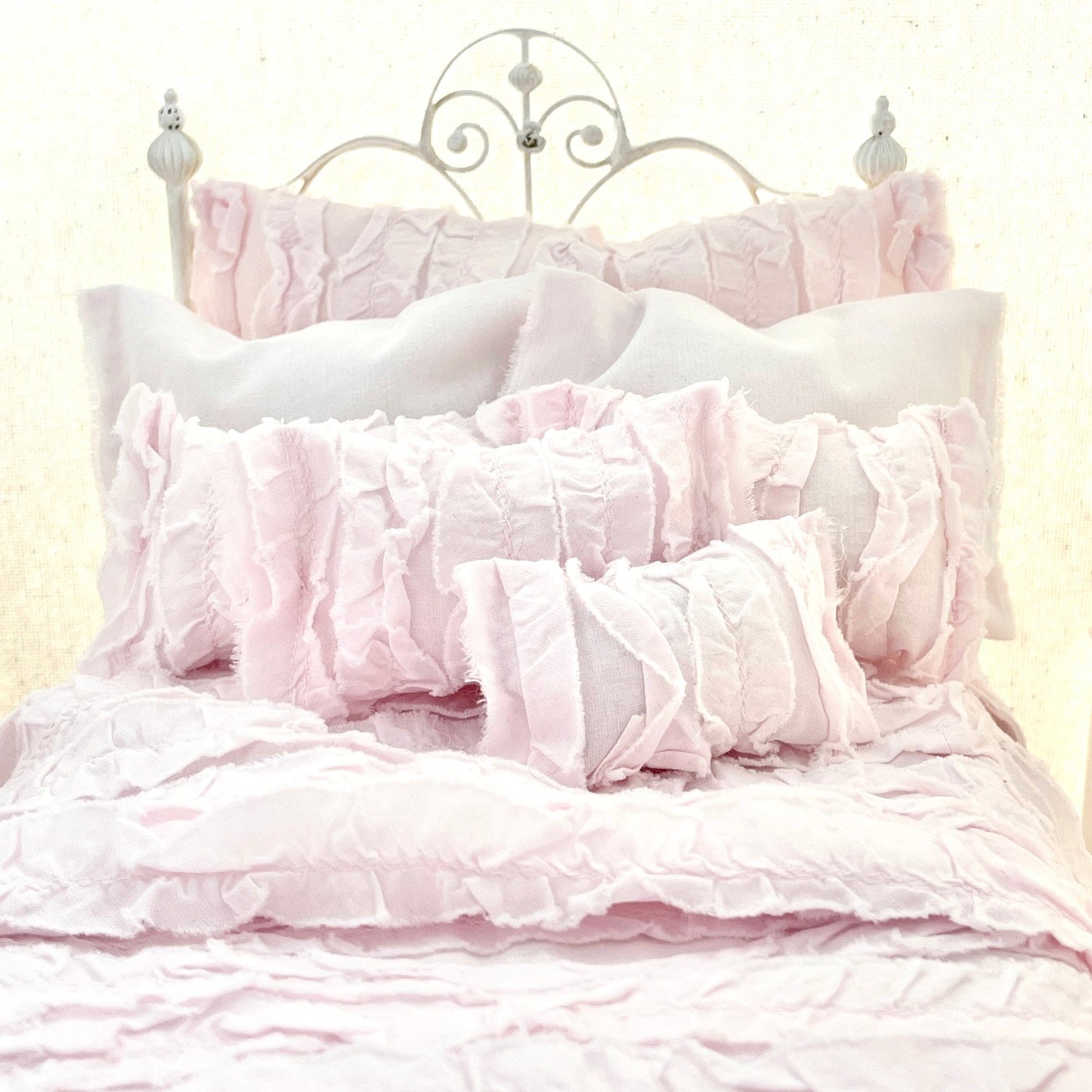 Chantallena pink ruffles 1:6 Scale | Pink Cotton Lawn Distressed Ruffles Bedding Set | Kate