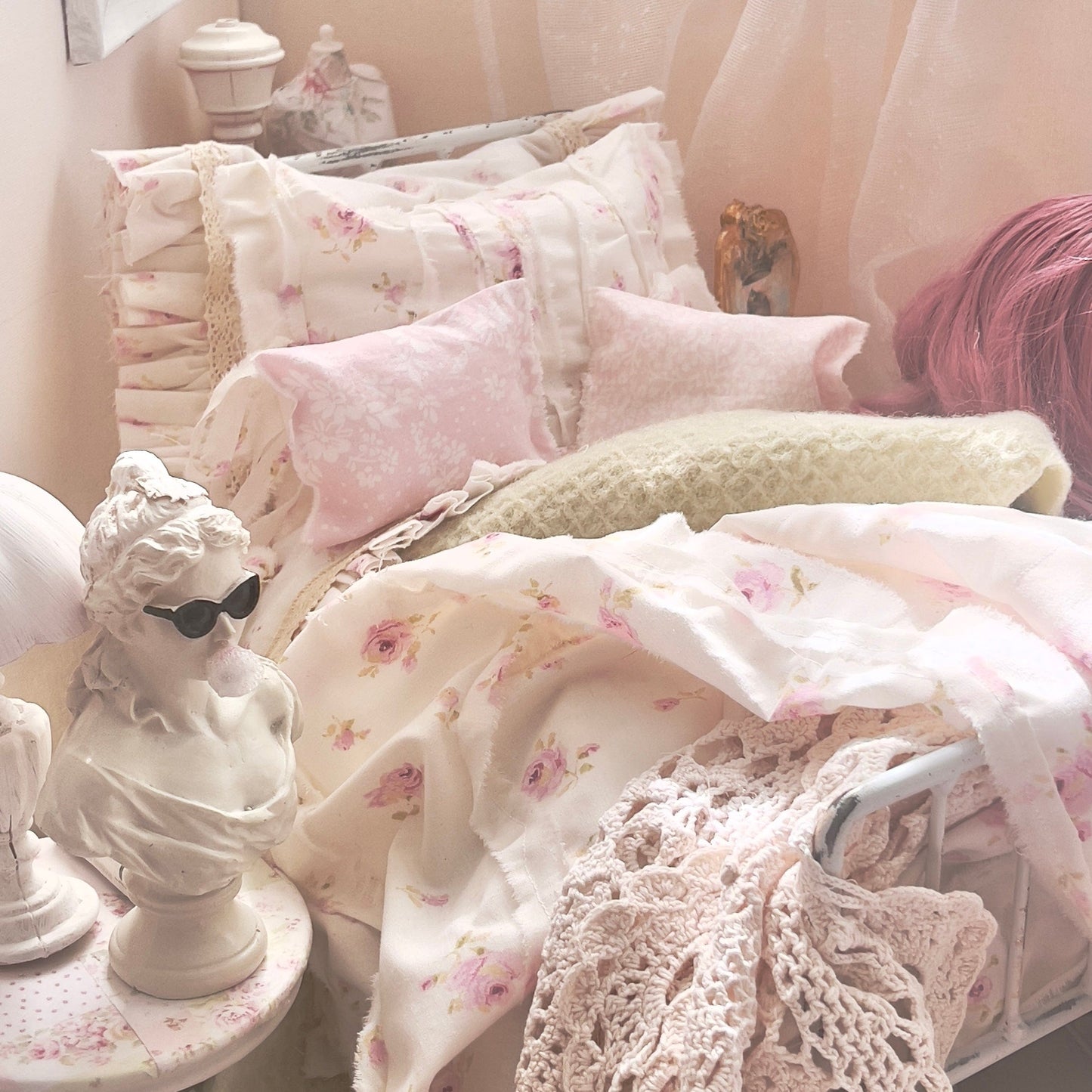 Chantallena pink ruffles Spring Willow 1:6 Scale | Pink Pinks on Creamy Off White Cotton Bedding Set | All About the Rose