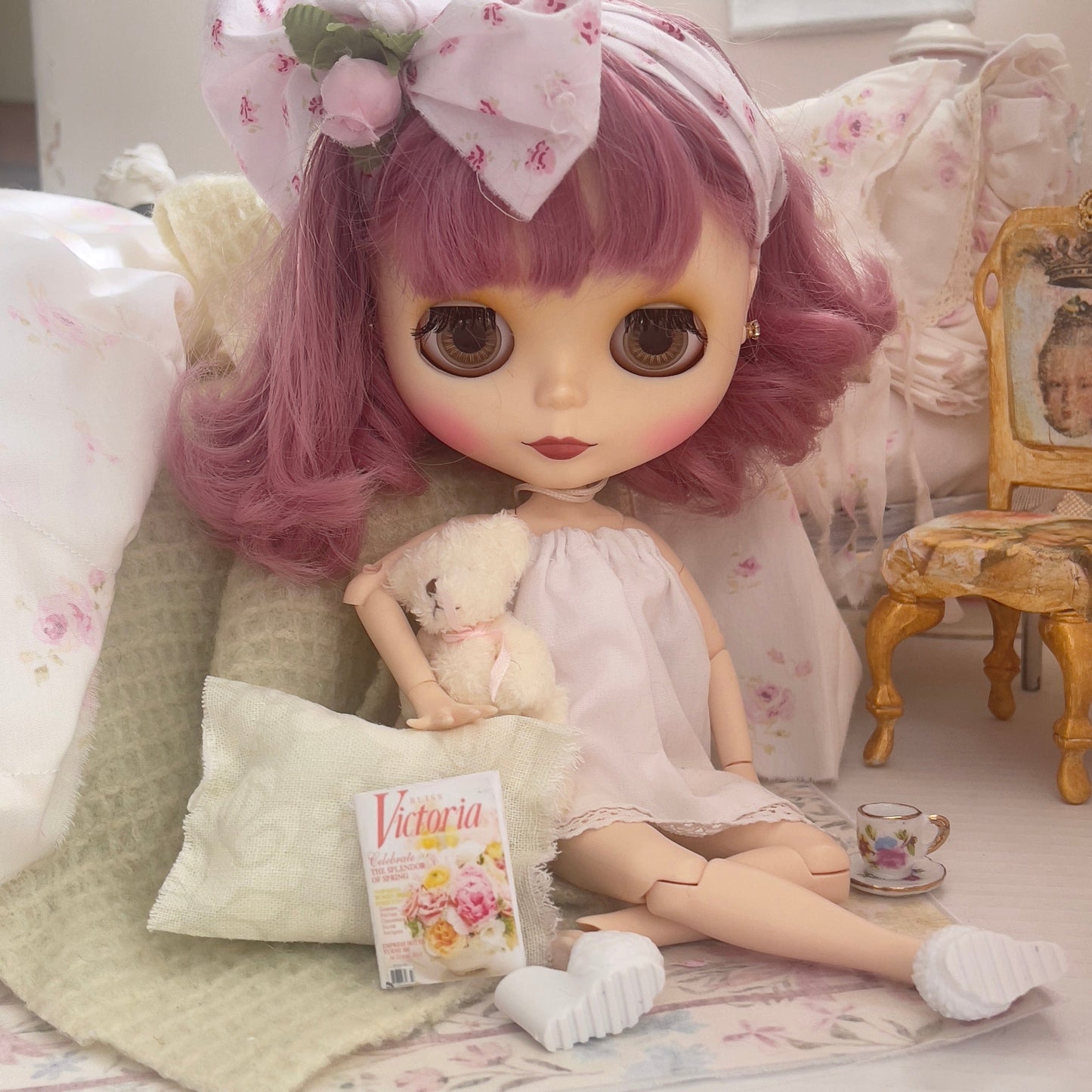 Chantallena pink ruffles Spring Willow 1:6 Scale | Pink Pinks on Creamy Off White Cotton Bedding Set | All About the Rose