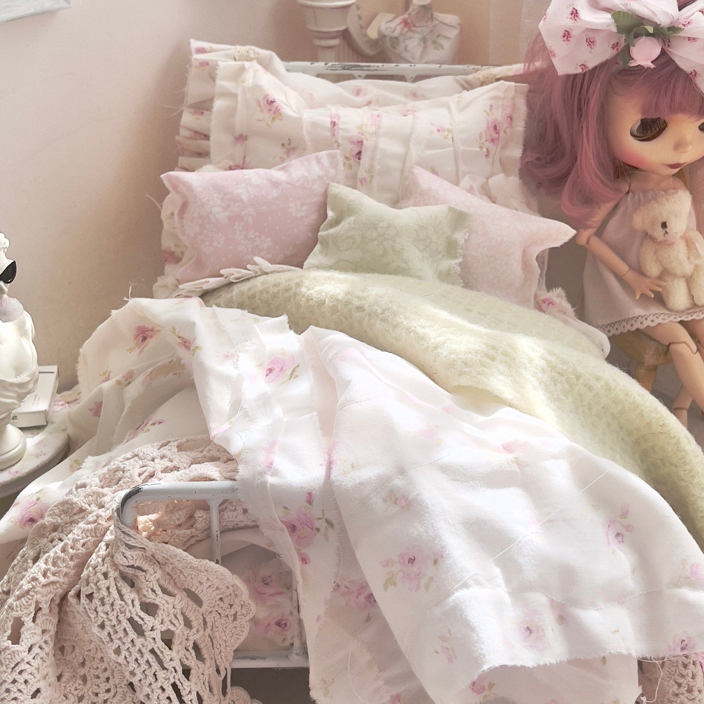 Chantallena pink ruffles Spring Willow 1:6 Scale | Pink Pinks on Creamy Off White Cotton Bedding Set | All About the Rose