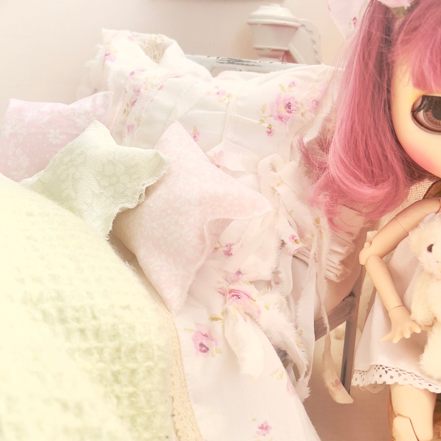 Chantallena pink ruffles Spring Willow 1:6 Scale | Pink Pinks on Creamy Off White Cotton Bedding Set | All About the Rose