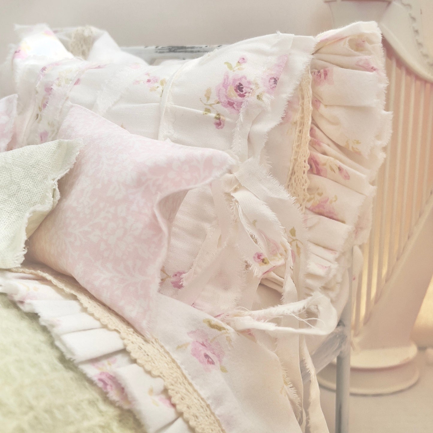 Chantallena pink ruffles Spring Willow 1:6 Scale | Pink Pinks on Creamy Off White Cotton Bedding Set | All About the Rose