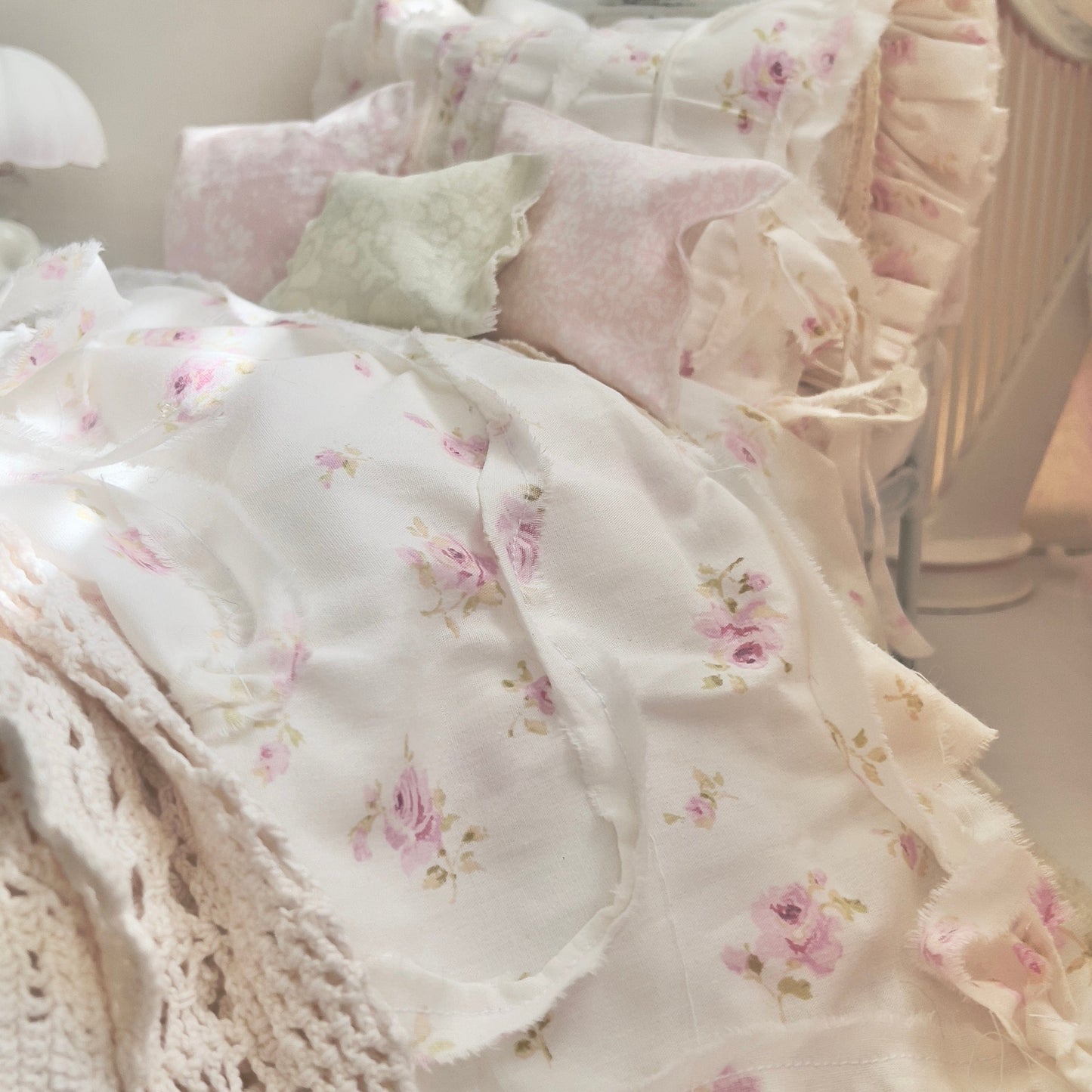 Chantallena pink ruffles Spring Willow 1:6 Scale | Pink Pinks on Creamy Off White Cotton Bedding Set | All About the Rose