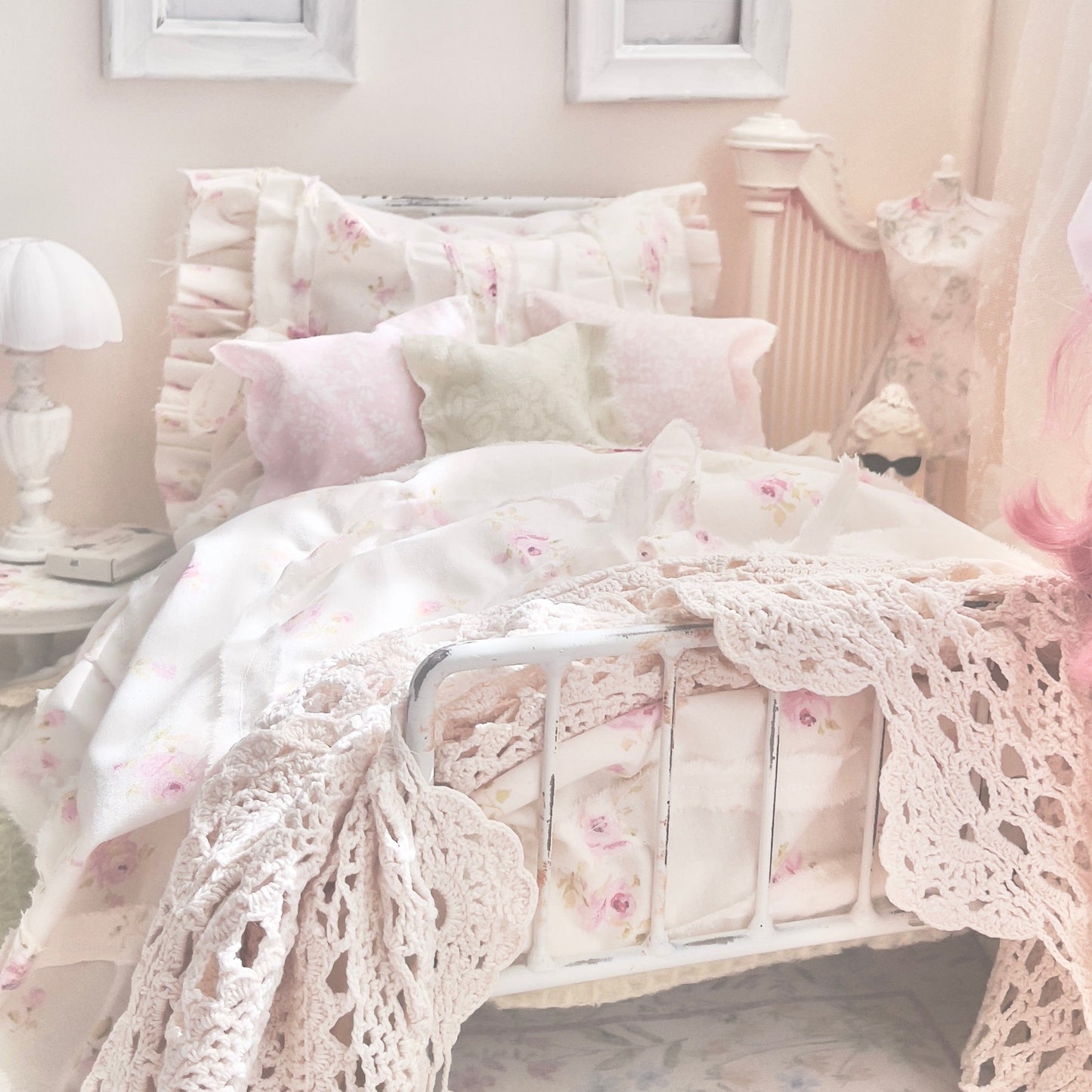 Chantallena pink ruffles Spring Willow 1:6 Scale | Pink Pinks on Creamy Off White Cotton Bedding Set | All About the Rose
