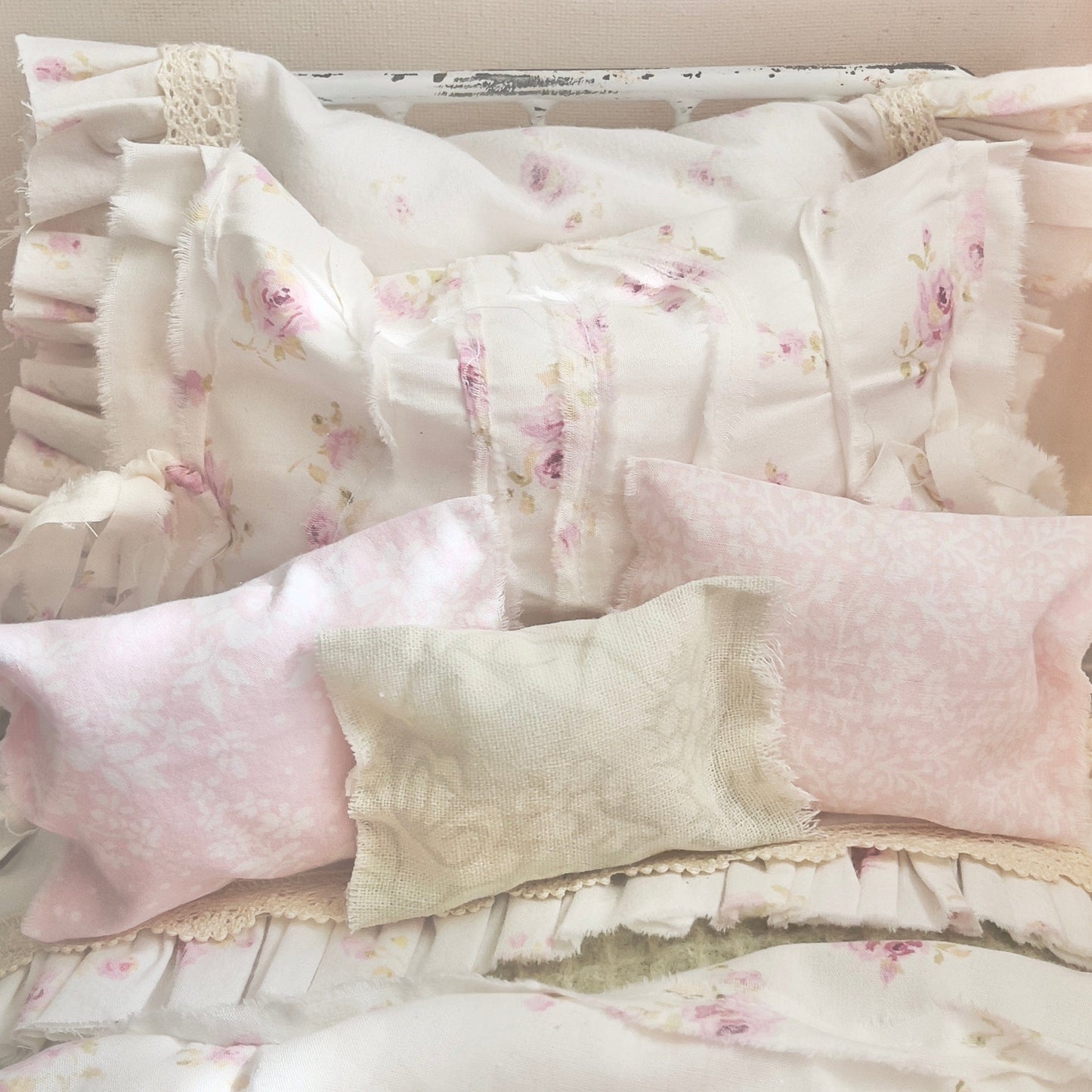 Chantallena pink ruffles Spring Willow 1:6 Scale | Pink Pinks on Creamy Off White Cotton Bedding Set | All About the Rose