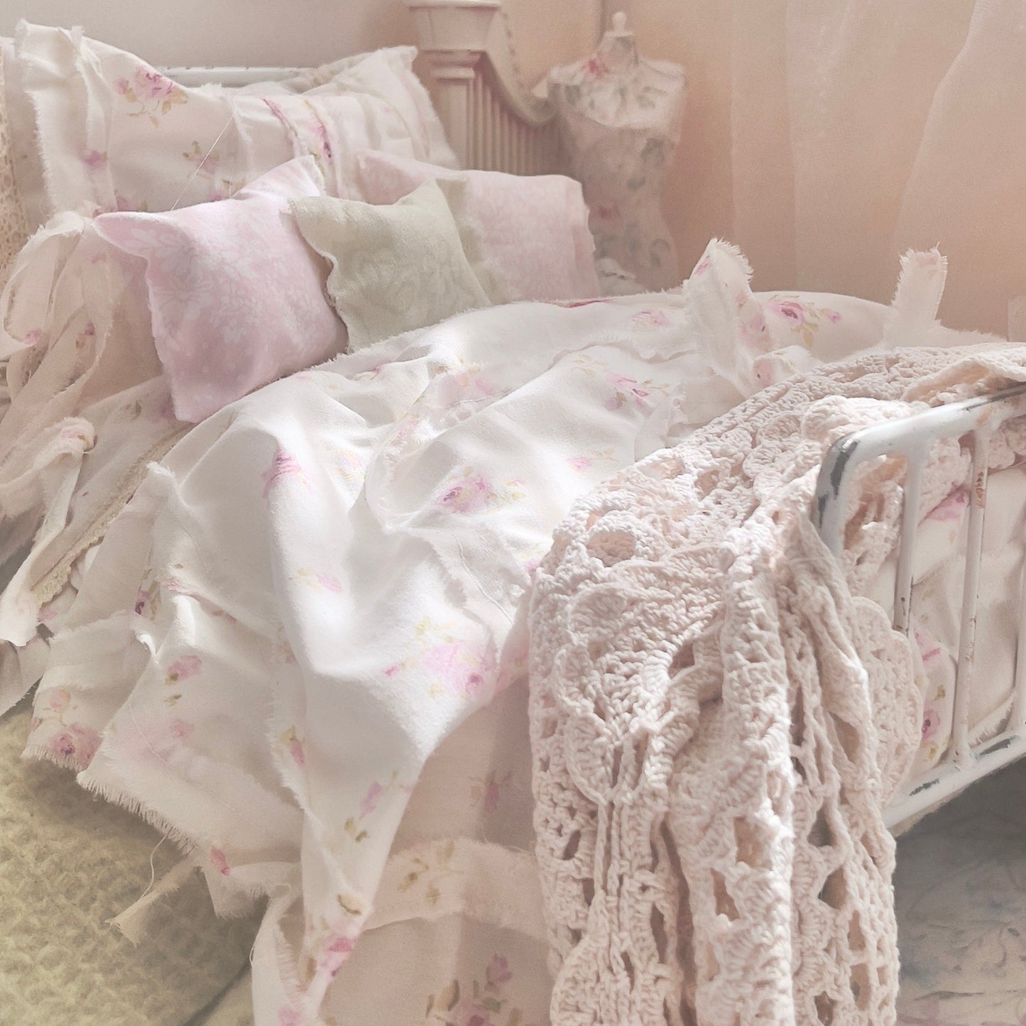 Chantallena pink ruffles Spring Willow 1:6 Scale | Pink Pinks on Creamy Off White Cotton Bedding Set | All About the Rose