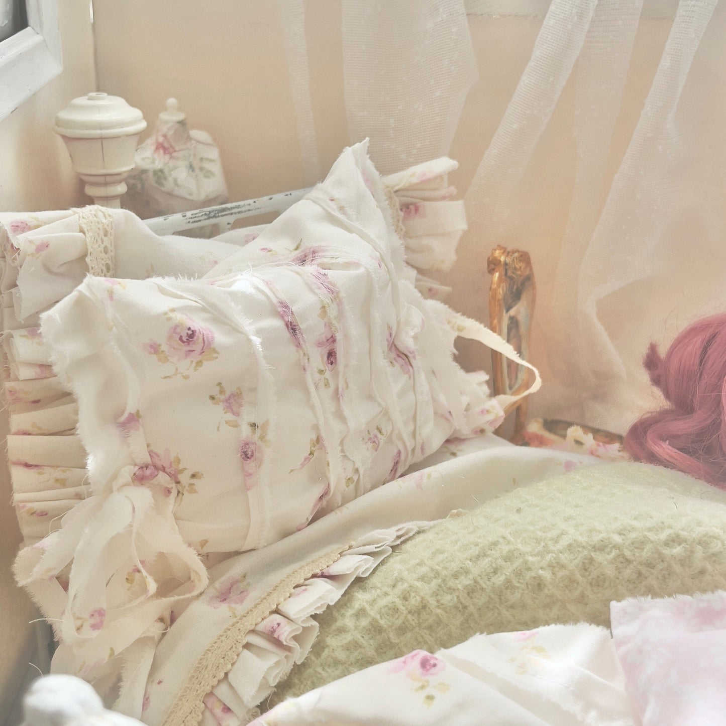 Chantallena pink ruffles Spring Willow 1:6 Scale | Pink Pinks on Creamy Off White Cotton Bedding Set | All About the Rose