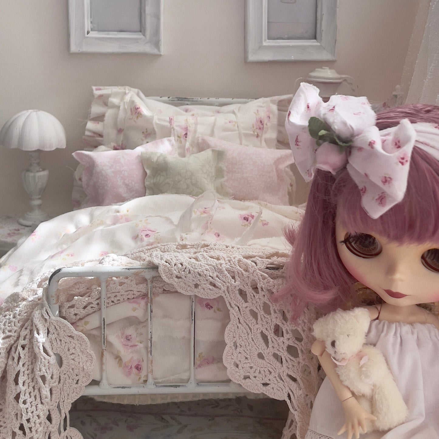 Chantallena pink ruffles Spring Willow 1:6 Scale | Pink Pinks on Creamy Off White Cotton Bedding Set | All About the Rose